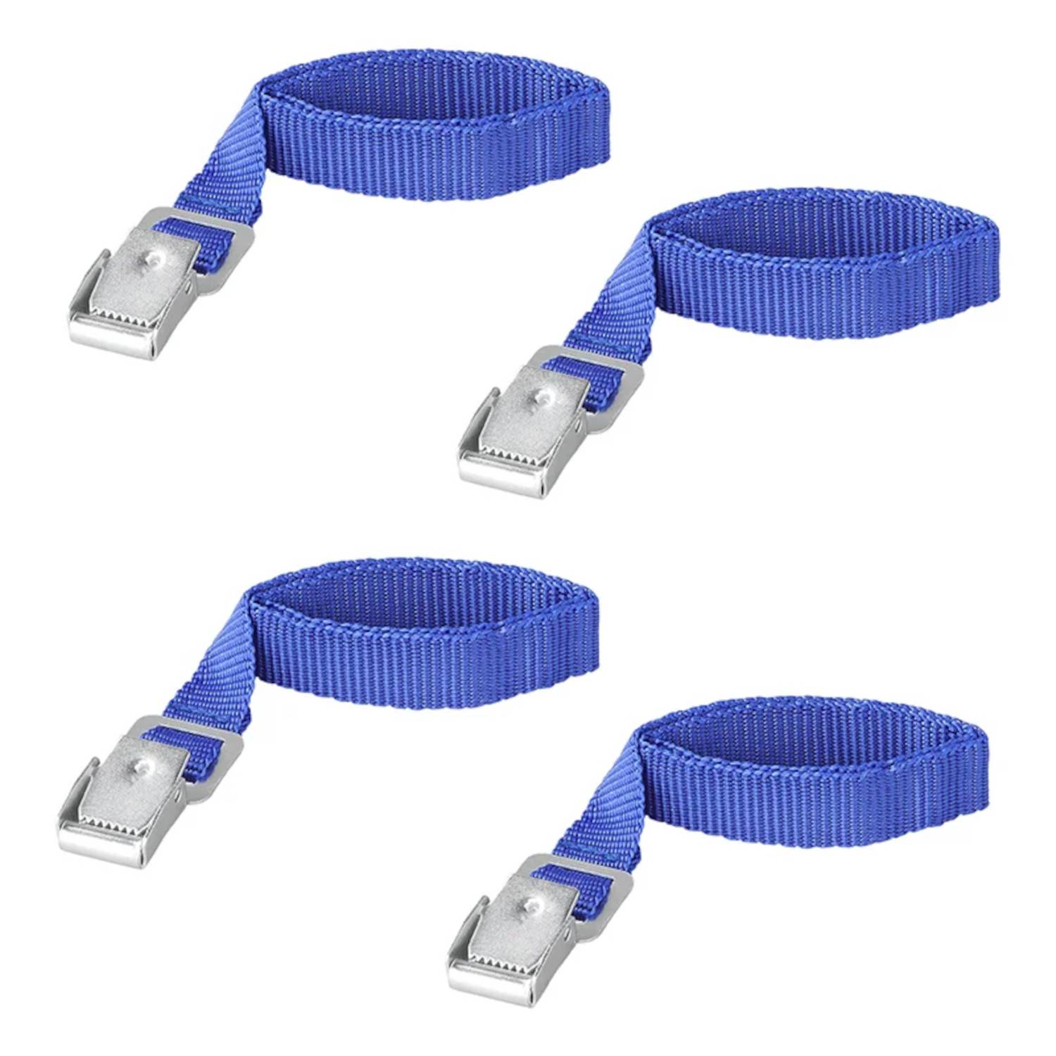 Vier blaue verstellbare Riemen mit Metallschnallen, die häufig zum Befestigen von Gegenständen verwendet werden.