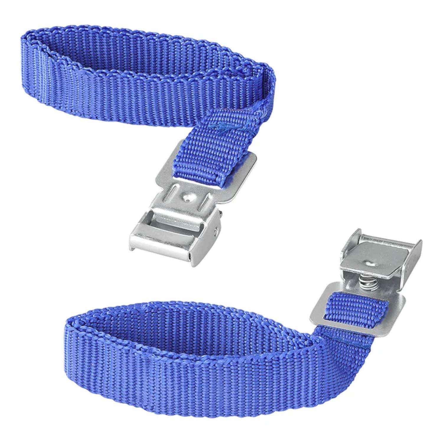 Ein Paar blaue verstellbare Riemen mit Metallschnallen, die zum Befestigen oder Zusammenbinden von Gegenständen verwendet werden.