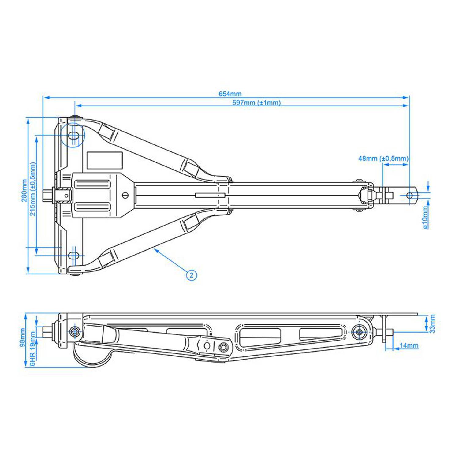 Technische Zeichnung eines mechanischen Arms mit beschrifteten Abmessungen, Ansicht von oben und der Seite. Hauptkomponenten sind zur Montagereferenz gekennzeichnet.