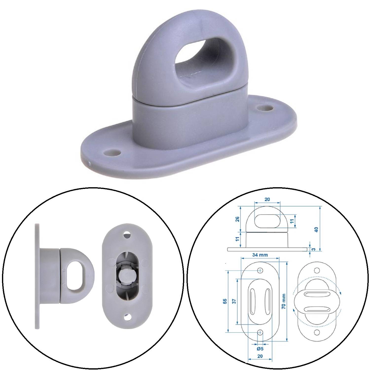 Grauer Kunststoff-Türstopper mit Befestigungsplatte. Enthält kreisförmige Diagramme mit Seiten- und Frontansichten sowie eine technische Zeichnung mit Maßangaben.