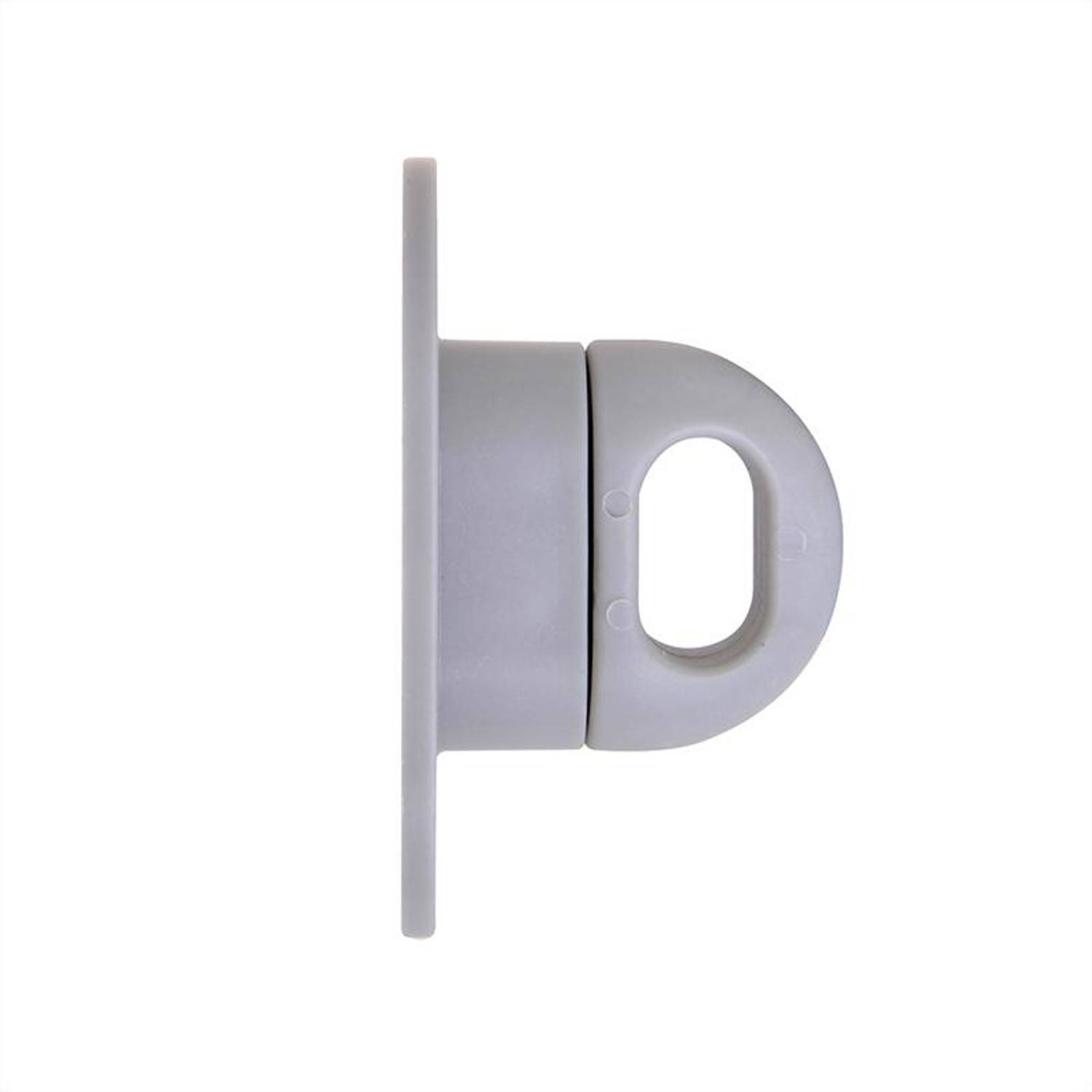 Ein grauer Plastikhalter, der an einer flachen Oberfläche montiert ist, von der Seite betrachtet, mit einer kreisförmigen Basis und abgerundeter Oberseite mit einer Grifföffnung.