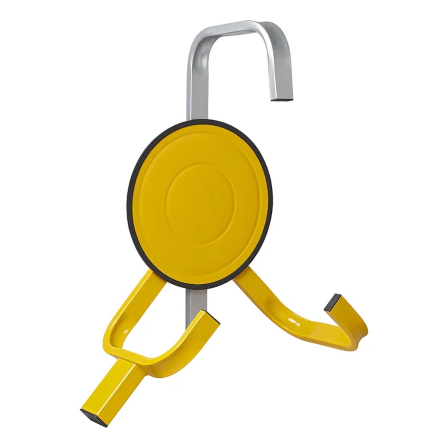 Ein moderner Fahrradständer in Gelb und Silber mit kreisförmigem Design und robustem Rahmen zum Sichern von Fahrrädern.