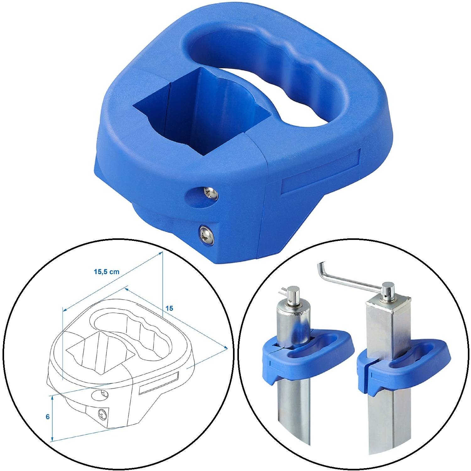 Ein blauer Plastik-Werkzeughalter mit Klemmvorrichtung und sechseckiger Öffnung. Enthält Abmessungen und ein Beispiel für die Verwendung an Stangen.