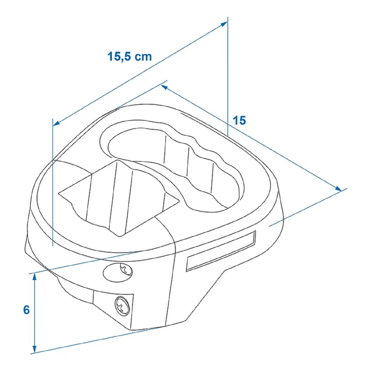 Technische Zeichnung eines mechanischen Bauteils mit Maßangaben: Breite 15,5 cm, Tiefe 15 cm, Höhe 6 cm.