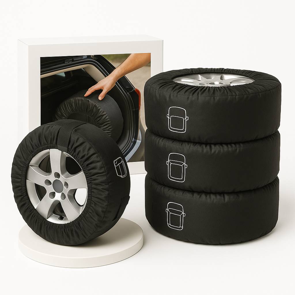 Reifenlagerungstaschen, die auf Reifen platziert sind, mit einer Person, die einen in eine Tasche verpackten Reifen in den Kofferraum eines Autos legt.