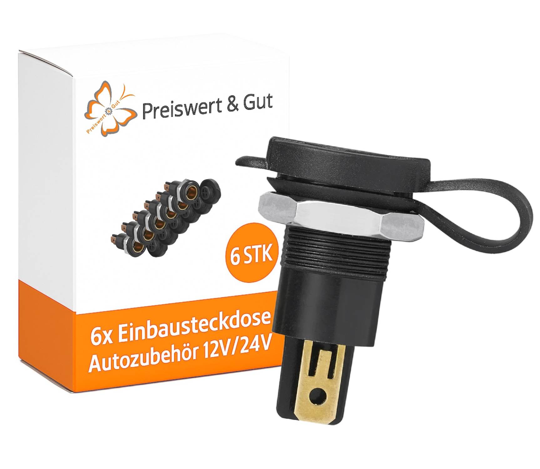 6x Einbausteckdosen Autozubehör 12V/24V' neben einem schwarzen Autobehör mit Anschlüssen. Marke 'Preiswert & Gut'.