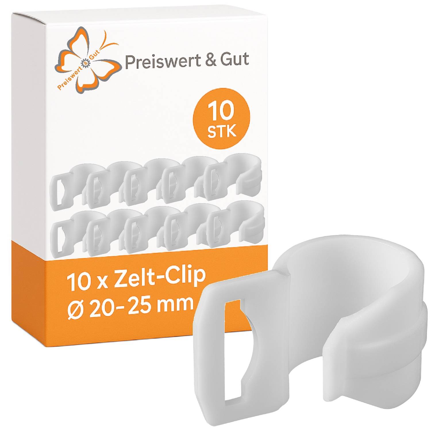 Verpackung von 'Preiswert & Gut' Zeltklammern, zeigt eine weiße Plastikklammer und Text '10 x Zelt-Clip Ø 20-25 mm'.