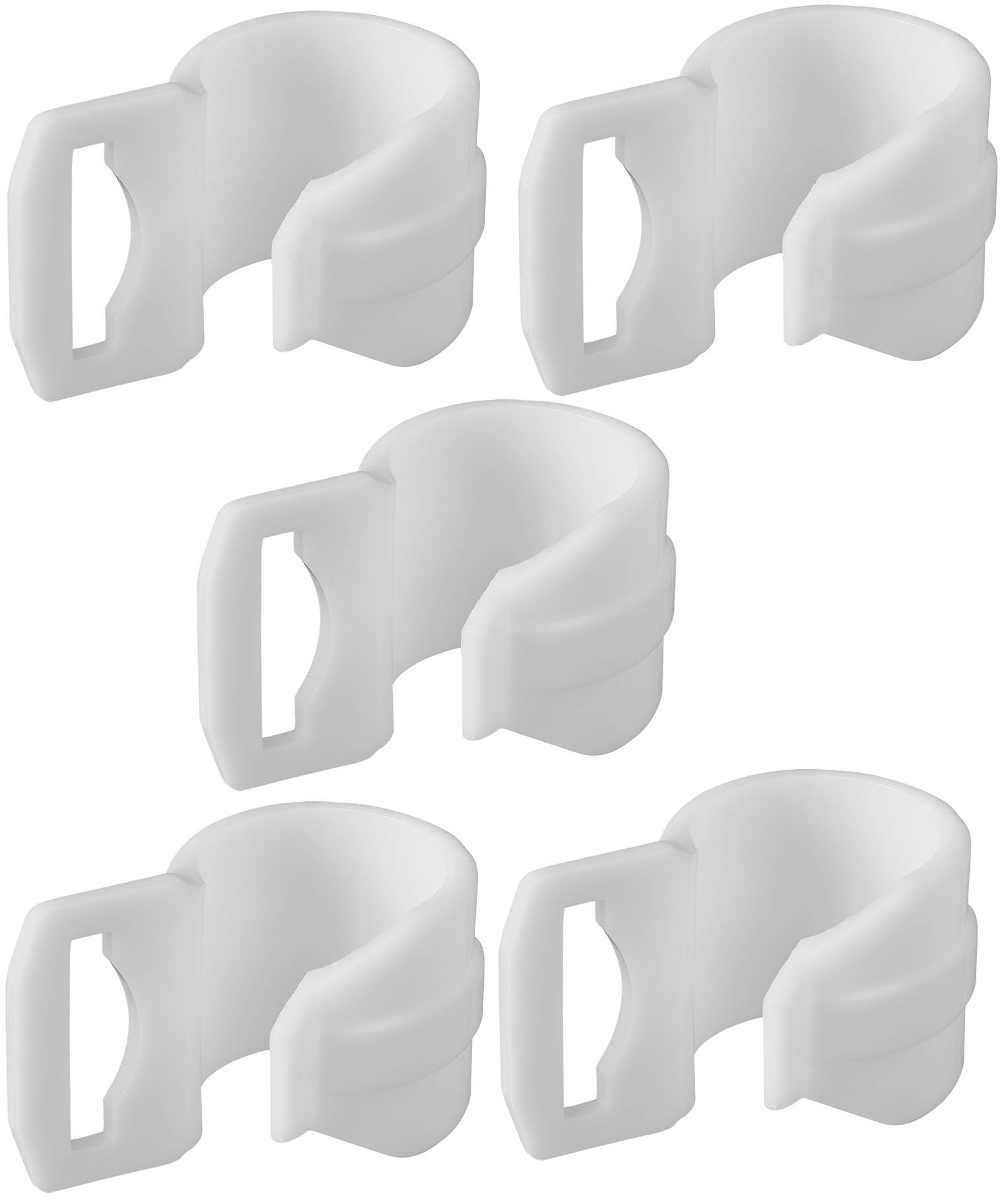 Fünf weiße Plastikclips zum Befestigen von zylindrischen Gegenständen oder Kabeln, jeder mit einer offenen Klemme und einem rechteckigen Befestigungspunkt.
