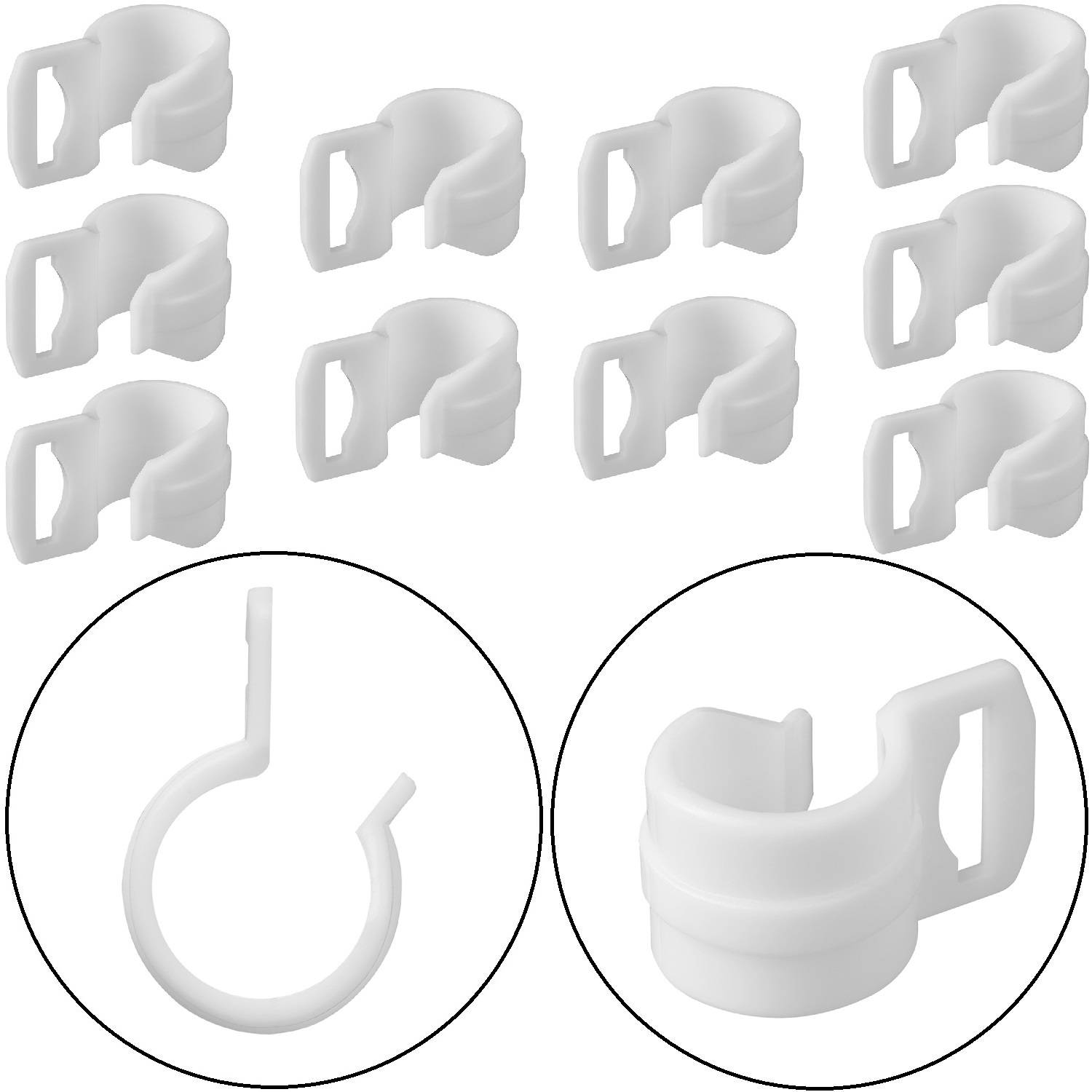 Zehn weiße Schlauchbefestigungsclips mit einem Durchmesser von 1/4 Zoll, in Reihen angeordnet. Zwei vergrößerte detaillierte Ansichten zeigen die kreisförmige Form der Clips und das Design mit offener Rastvorrichtung.