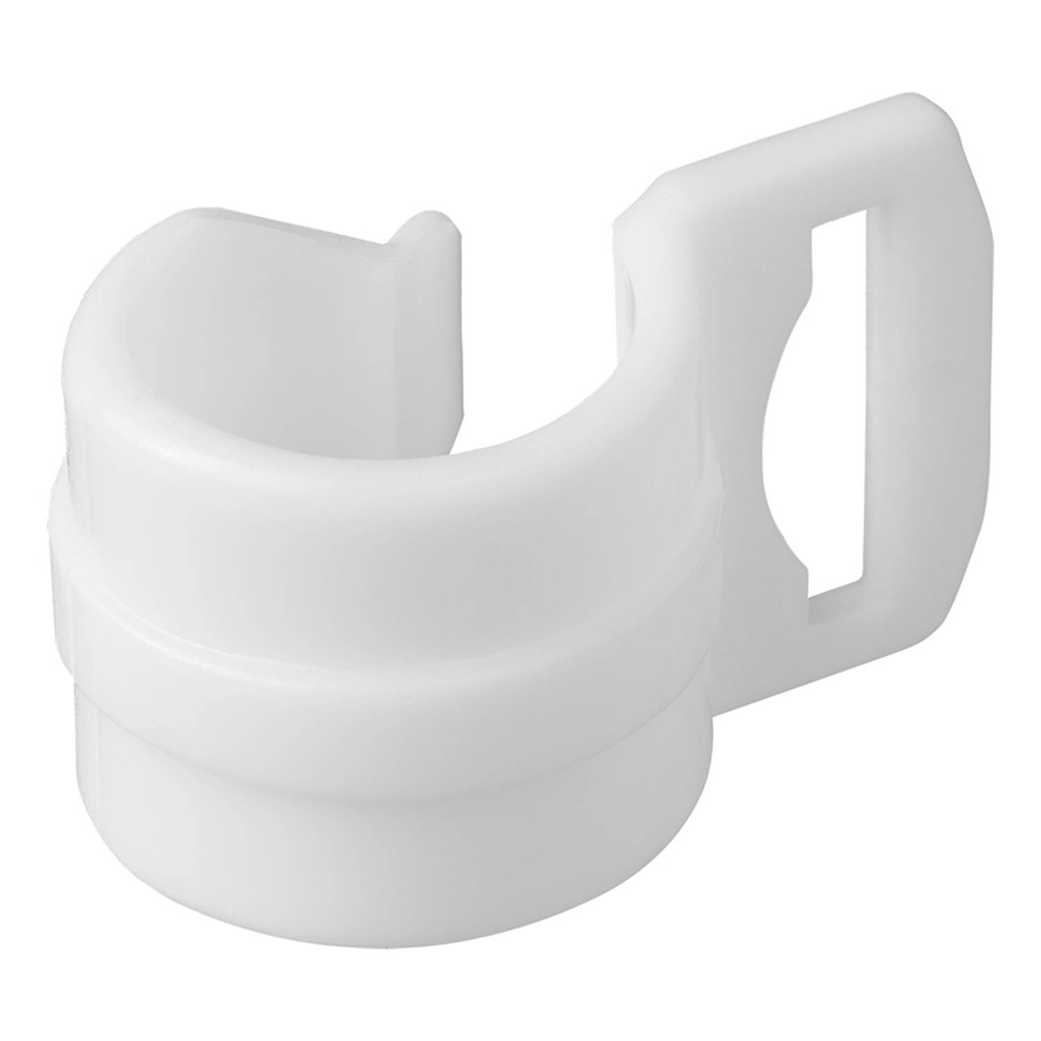 Eine weiße Plastikklemme mit kreisförmiger Gestalt und offener Schlitze, entwickelt zum Befestigen von Gegenständen, auf einem einfarbigen weißen Hintergrund.