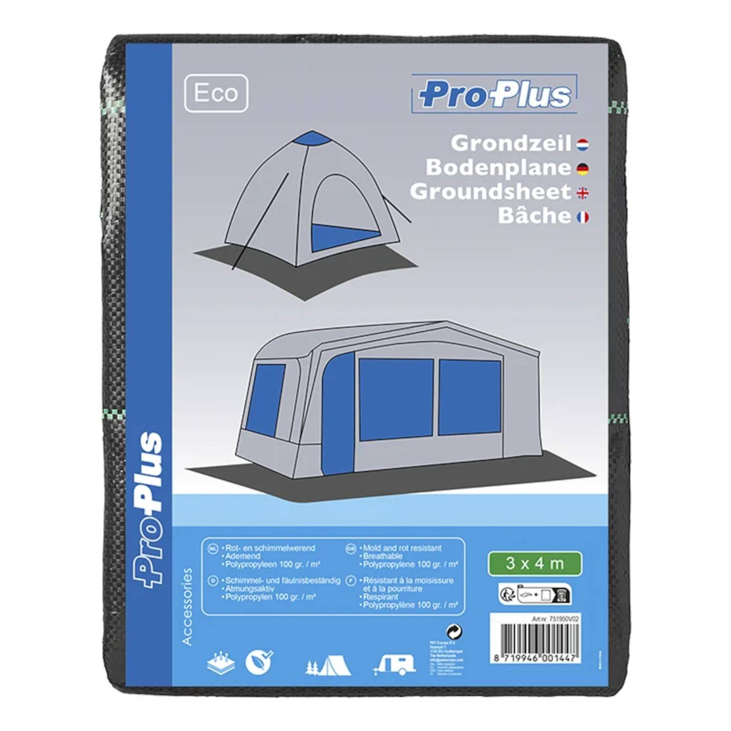 Verpackung für 'ProPlus' Zeltunterlage, mit Illustrationen eines Kuppelzeltes und der Verwendung einer Bodenplane. Text in mehreren Sprachen. Größe: 3x4m.