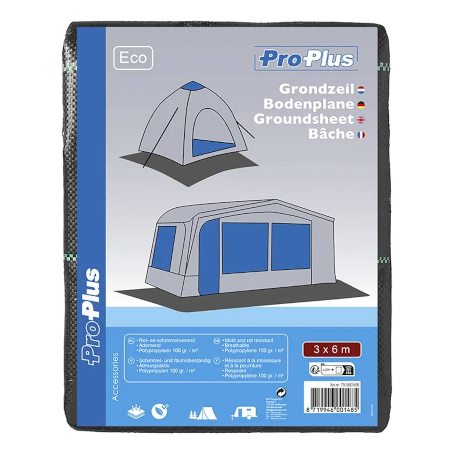 Verpackung für 'ProPlus' Bodenschutzmatte, Größe 3x6m. Mit Abbildungen eines Zeltes und eines Caravans sowie der Bodenschutzmatte. Text in mehreren Sprachen.