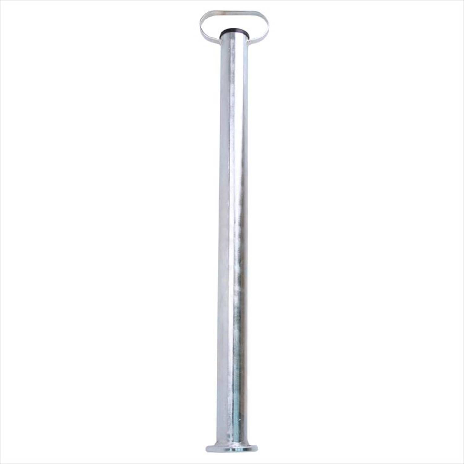 Metallische vertikale Röhre mit einem kreisförmigen Griff an der Spitze, wahrscheinlich zur Unterstützung oder für strukturelle Zwecke verwendet.