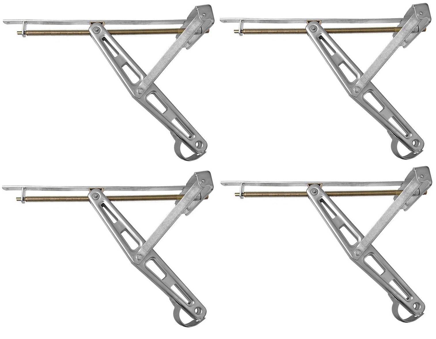 Vier symmetrisch angeordnete Metallscherenklemmen, die für Klapptische oder Möbelunterstützung verwendet werden, mit sichtbaren Schrauben und Gelenken.