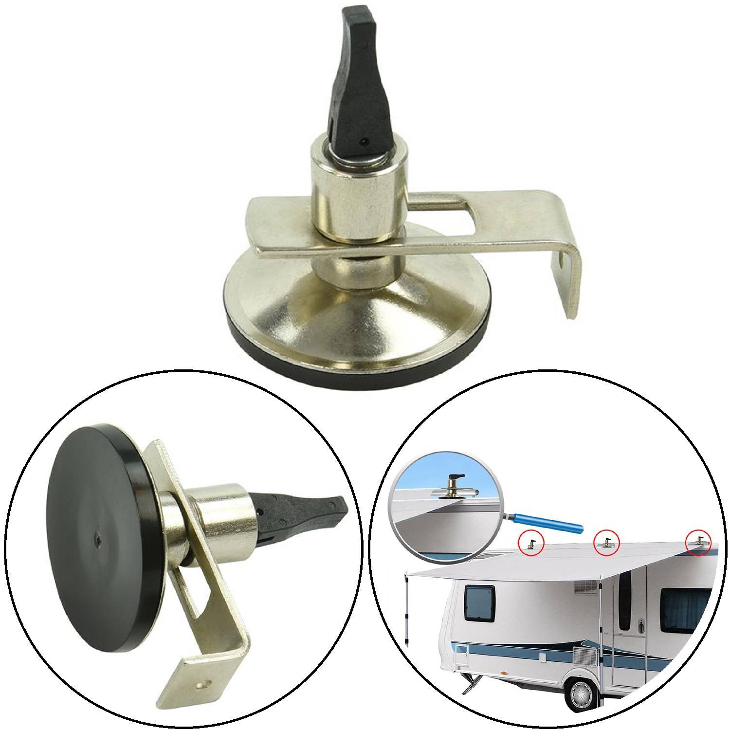 Zwei Metall- und Gummisaugnapf-Dachhaken, mit einer Abbildung, die zeigt, wie sie eine Plane über einem Reisewohnwagen befestigen.