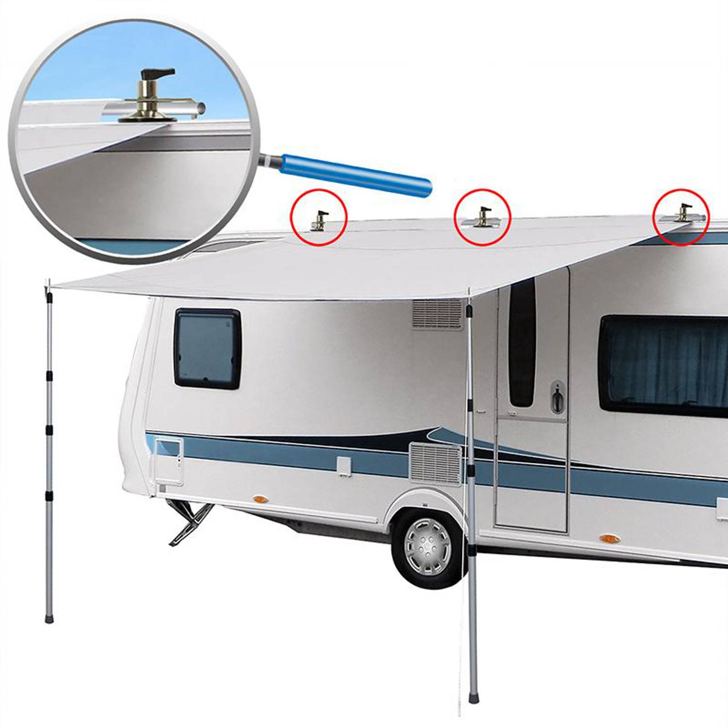 Ausfahrbares Markisengestänge an einem weißen Wohnmobil mit blauen Akzenten. Eine vergrößerte Detailansicht zeigt die Schraubendetails, die die Stützarme der Markise befestigen.