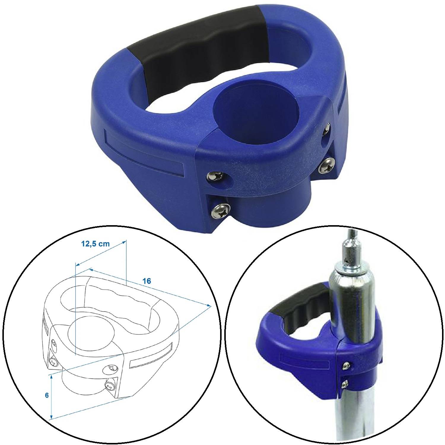 Eine blaue Handgriffbefestigung für eine Stange, dargestellt mit einer technischen Zeichnung und Abmessungen von 12,5 cm, die Designmerkmale hervorhebt.