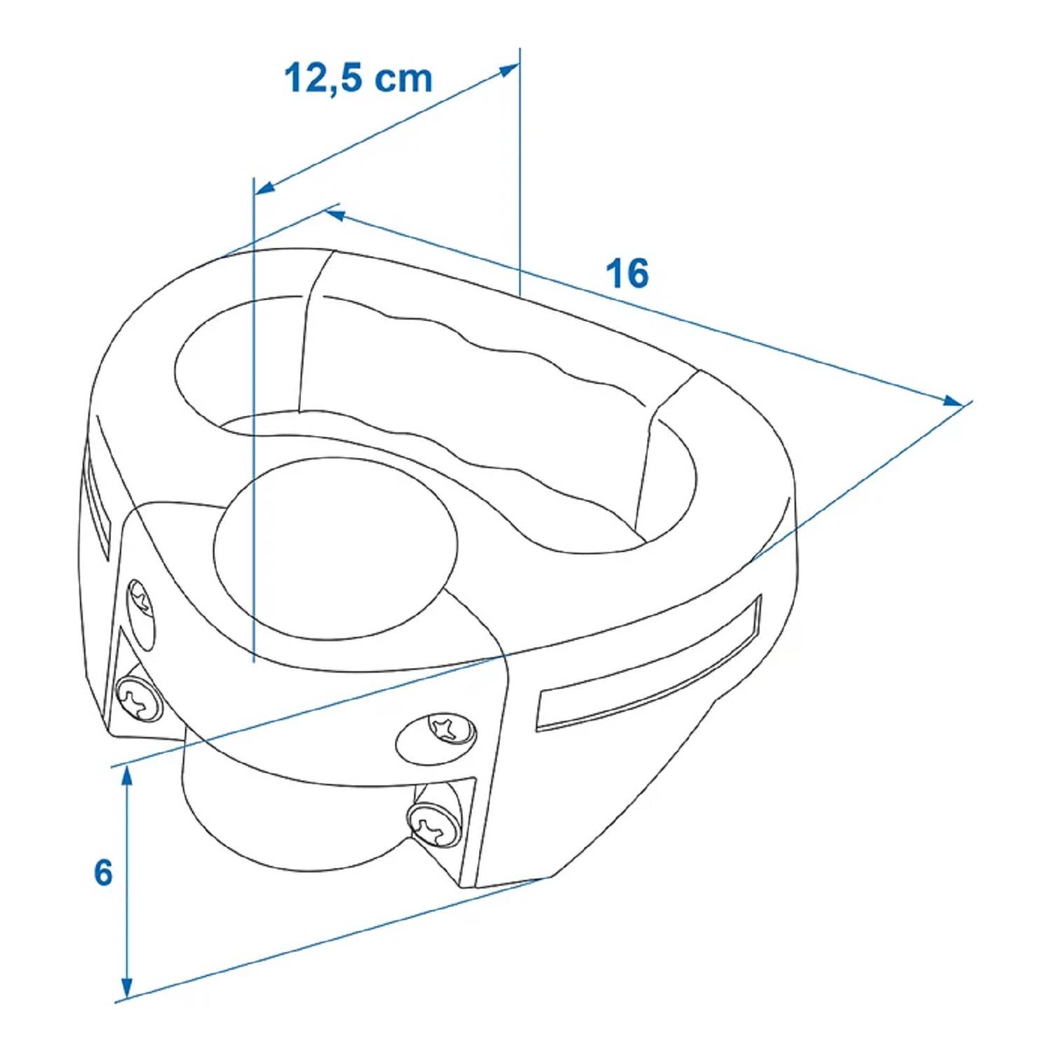 Isometrische Zeichnung eines runden Spas mit Abmessungen: 12,5 cm Höhe, 16 cm Breite und 6 cm Tiefe, dargestellt mit Richtungspfeilen.