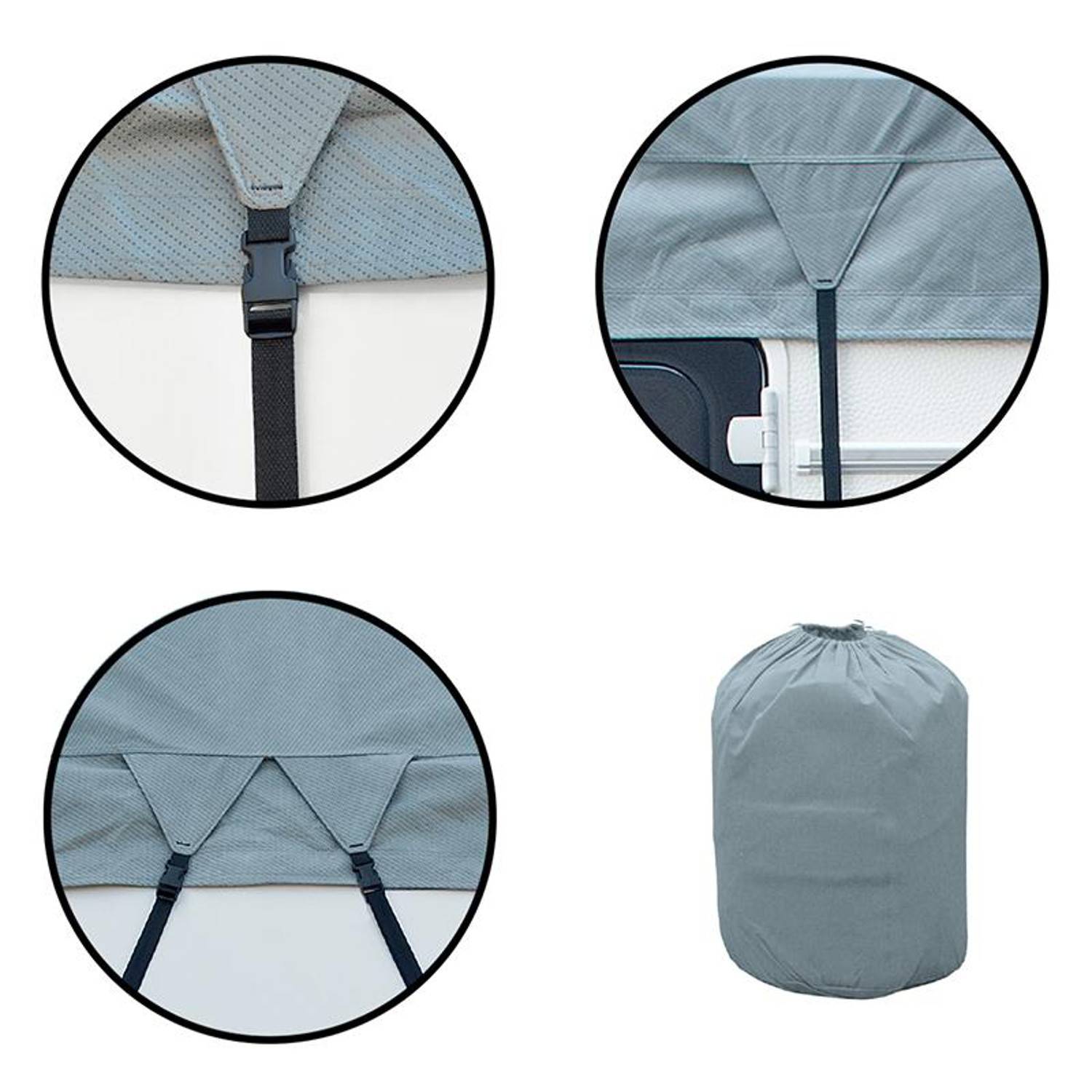 Grauer Schutzüberzug mit Riemen und Schnallen zum Befestigen, in verschiedenen Winkeln dargestellt. Enthält einen Beutel mit Kordelzug zum Aufbewahren.