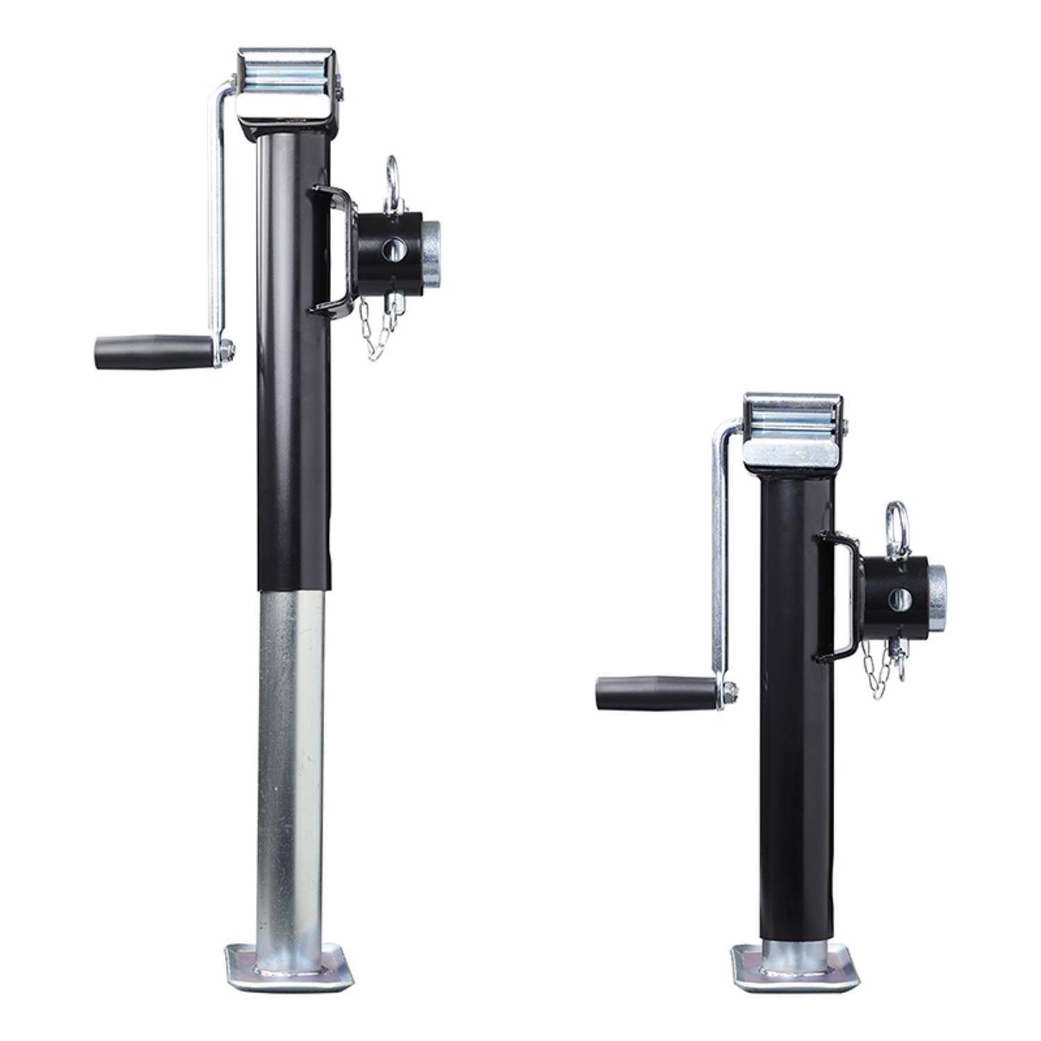 Ein Paar schwarze und silberne Anhängerbockheber mit Griffen und einem Verschließmechanismus.
