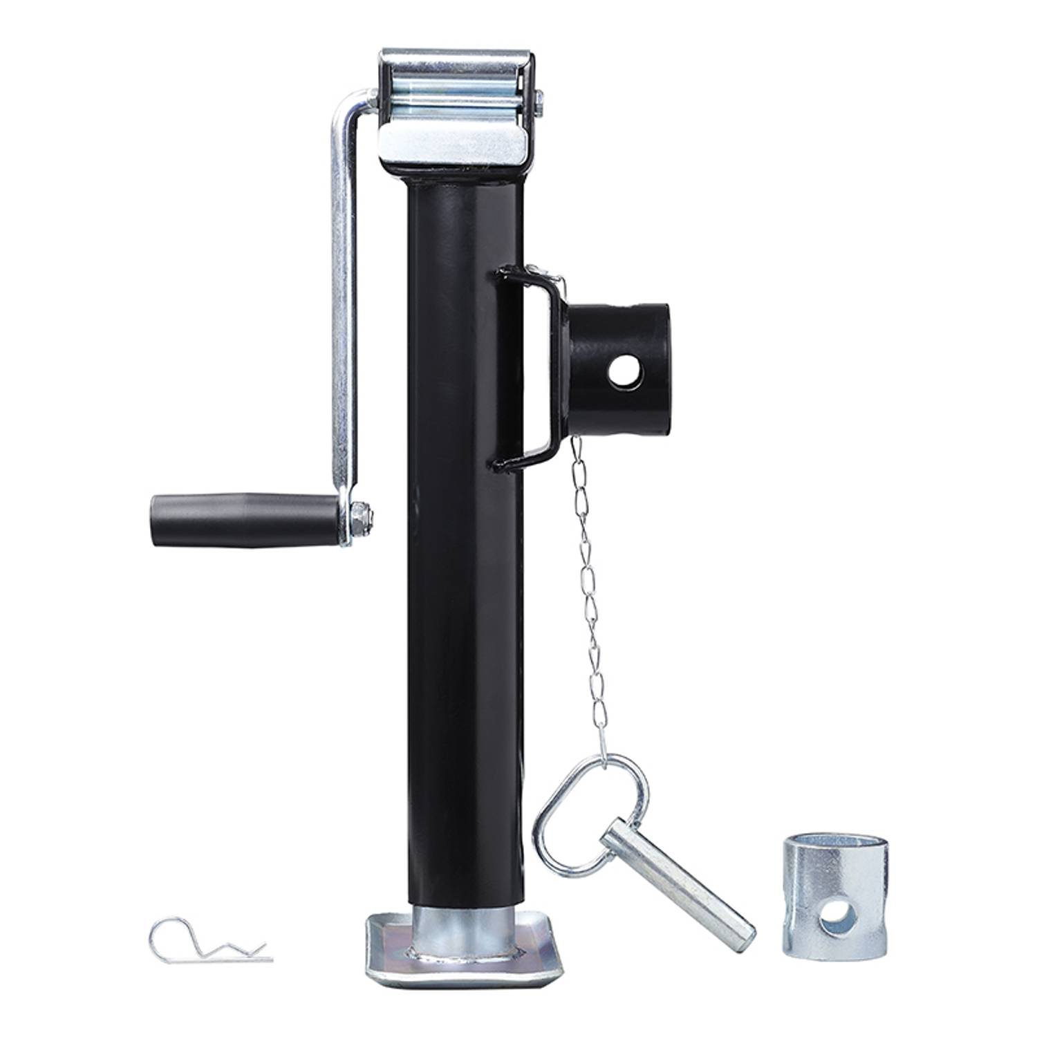 Ein schwarzer Anhängerhebekopf mit Griff, Sicherungsbolzen und Grundplatte, der zum Anheben und Stabilisieren von Anhängern entwickelt wurde. Inklusive Kette und Befestigungshalterung.