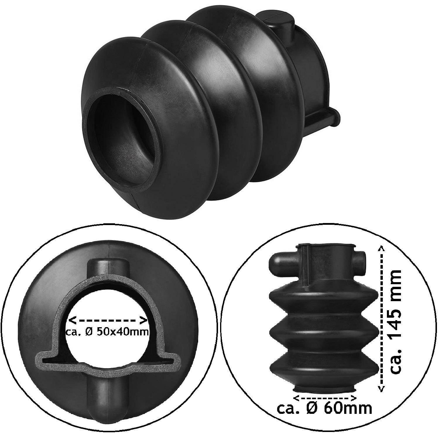 Eine schwarze Gummi-Akkordeon-Dichtung mit folgenden Maßen: 145 mm Höhe, 60 mm Durchmesser. Der Querschnitt zeigt eine Öffnung von 50x40 mm.
