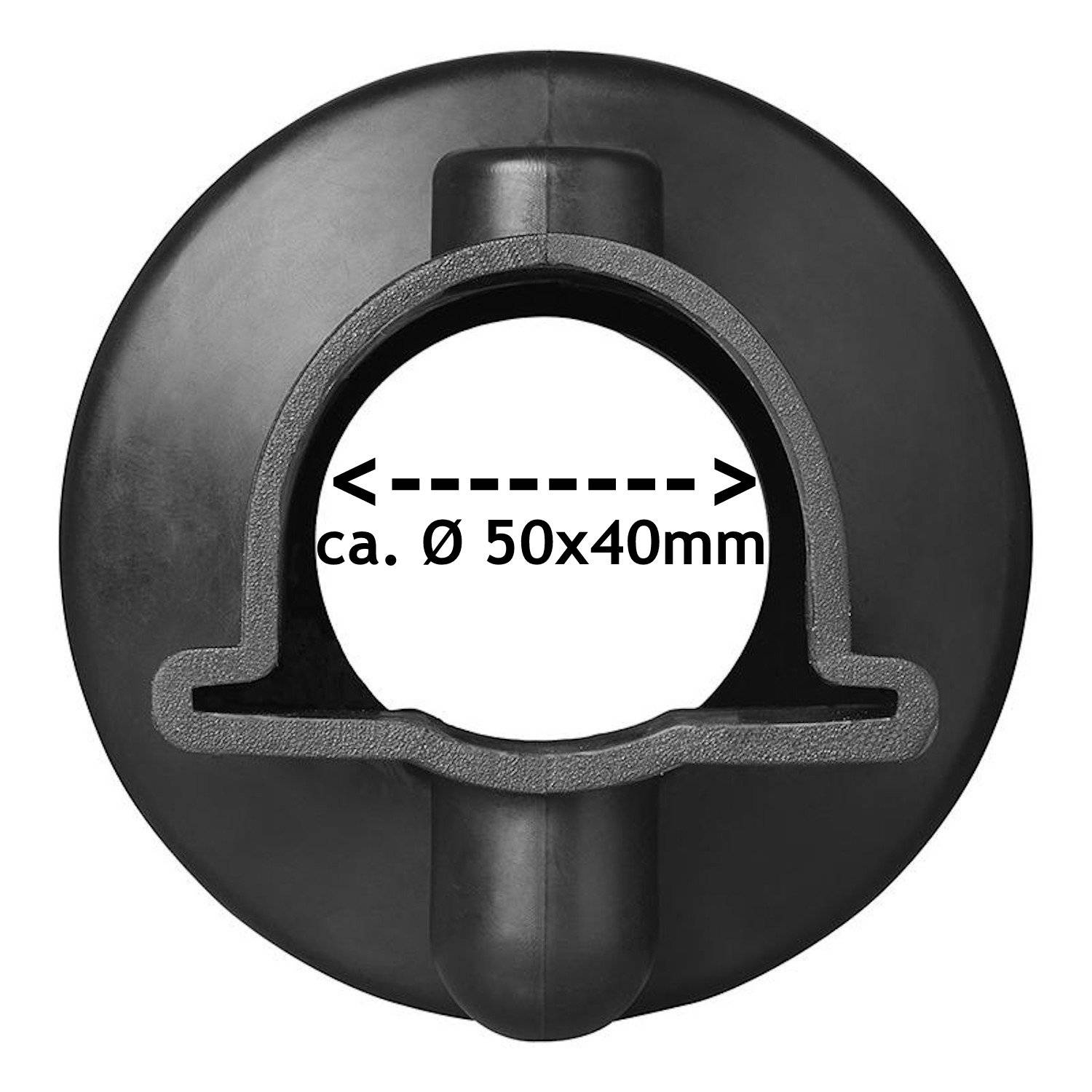 Ein hohler schwarzer Gummistopfen, kreisförmig mit einer zentralen Öffnung, gekennzeichnet mit ca. Ø 50x40 mm, die seine ungefähren Durchmesserdimensionen angibt.