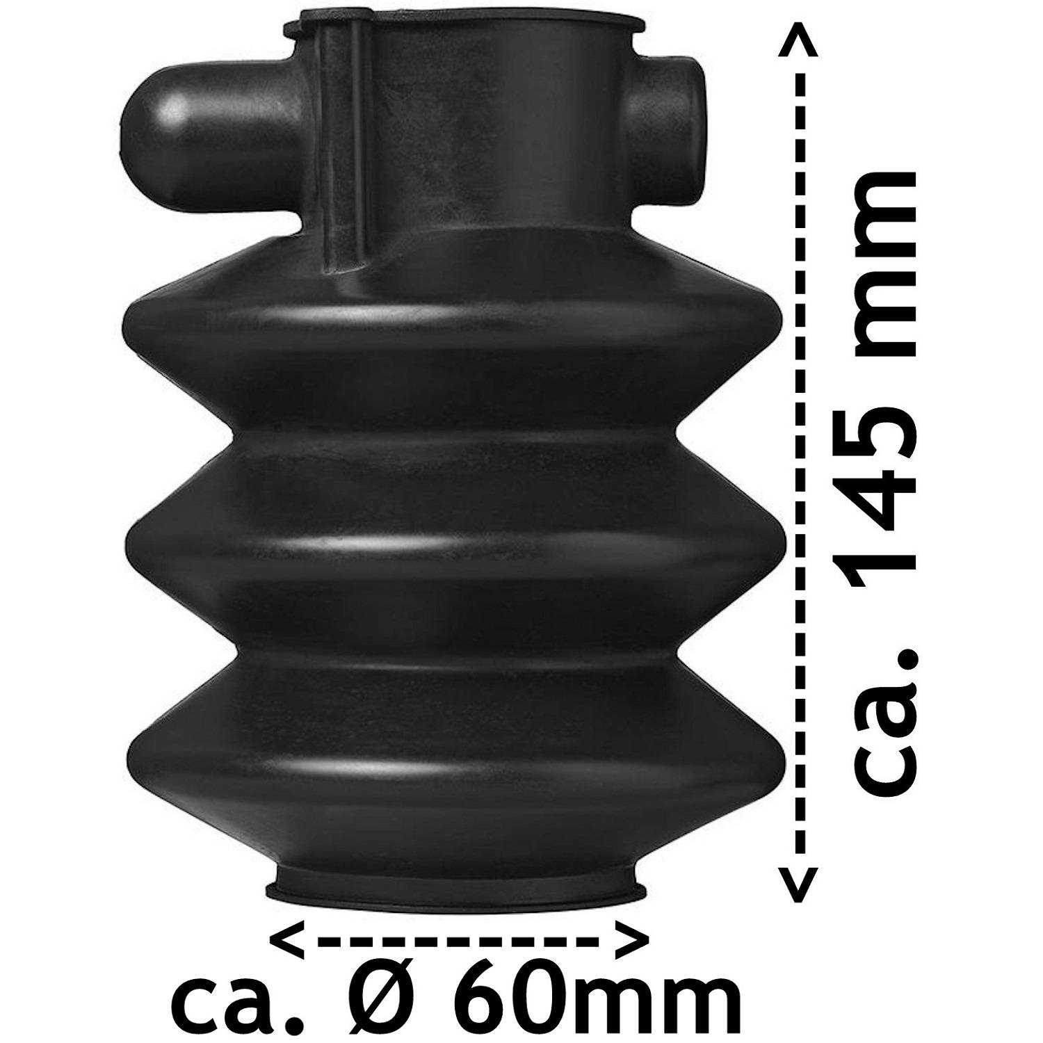 Ein schwarzes Gummi-Ausdehnungsgefäß mit gewellter Konstruktion ist abgebildet. Es misst ungefähr 145 mm in der Höhe und 60 mm im Durchmesser.