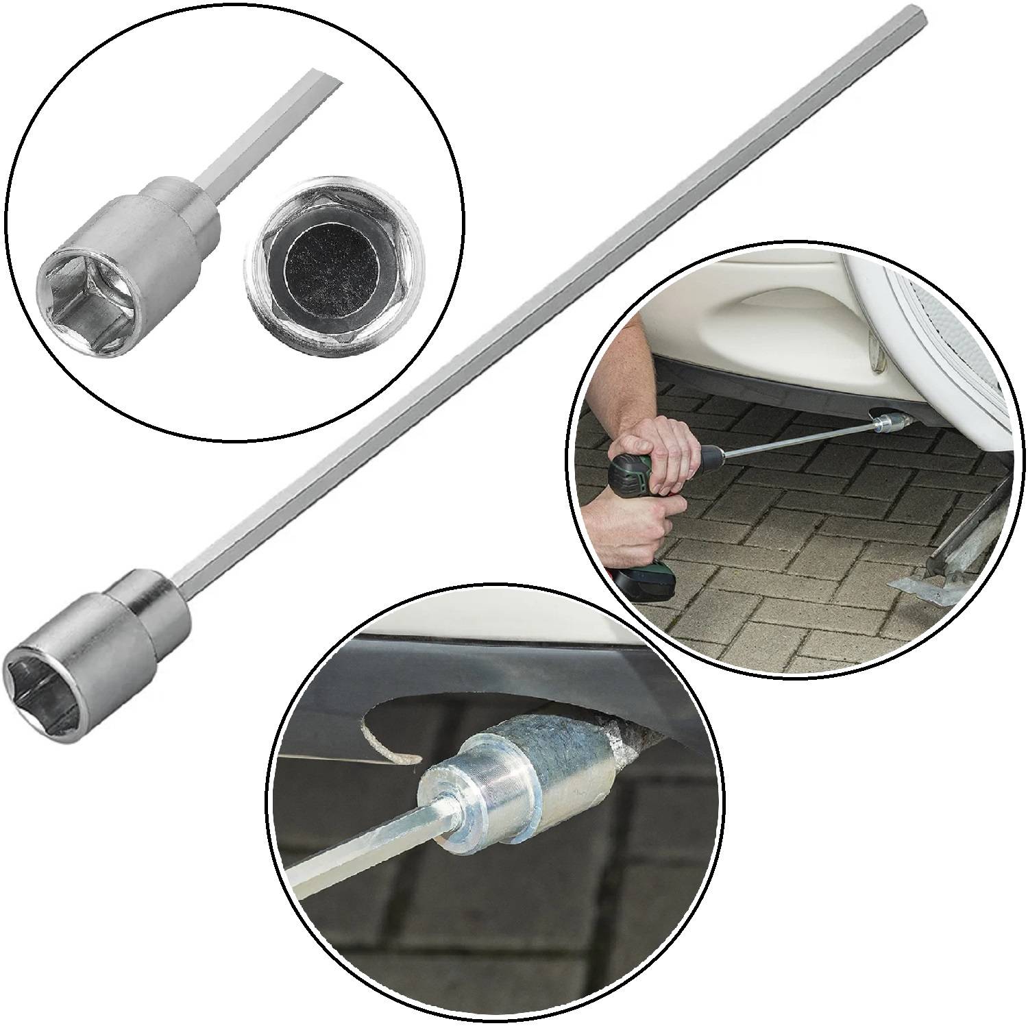 Radmutterschlüssel-Werkzeug zum Entfernen von Radverriegelungsmuttern, detailliert dargestellt und bei der Verwendung an einem Autoreifen, was seine Praktikabilität und Funktion veranschaulicht.