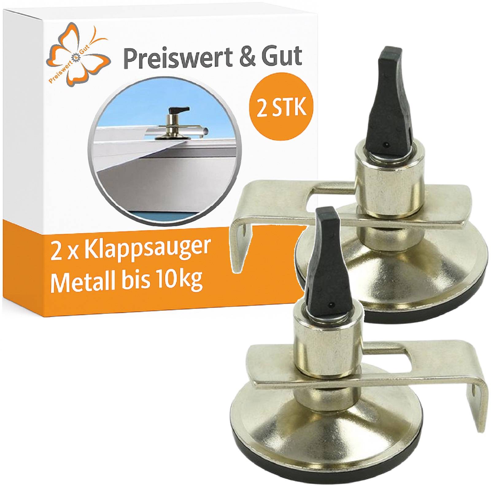 Der 'Preiswert & Gut' Halter zeigt zwei Metallsaugnapfhalterungen, die jeweils einen Hebel besitzen und bis zu 10 kg tragen können.