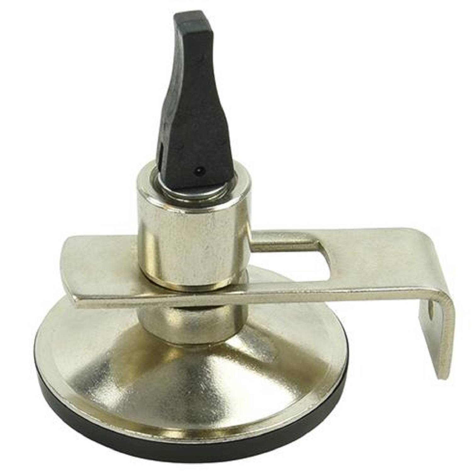 Metallischer Bierhahn-Zapfgriff mit einem schwarzen Hebel, entwickelt zum Anbringen an Zapfhähnen, von einem Winkel aus dargestellt, der den Verschließmechanismus hervorhebt.