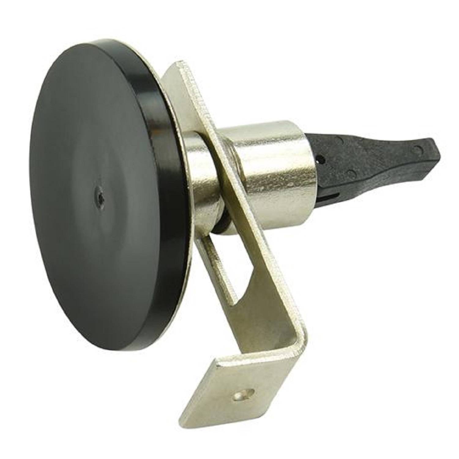 Ein silberner Metallhalter mit einem schwarzen Gummistopper, der dazu dient, Türen an ihrer Position zu halten.