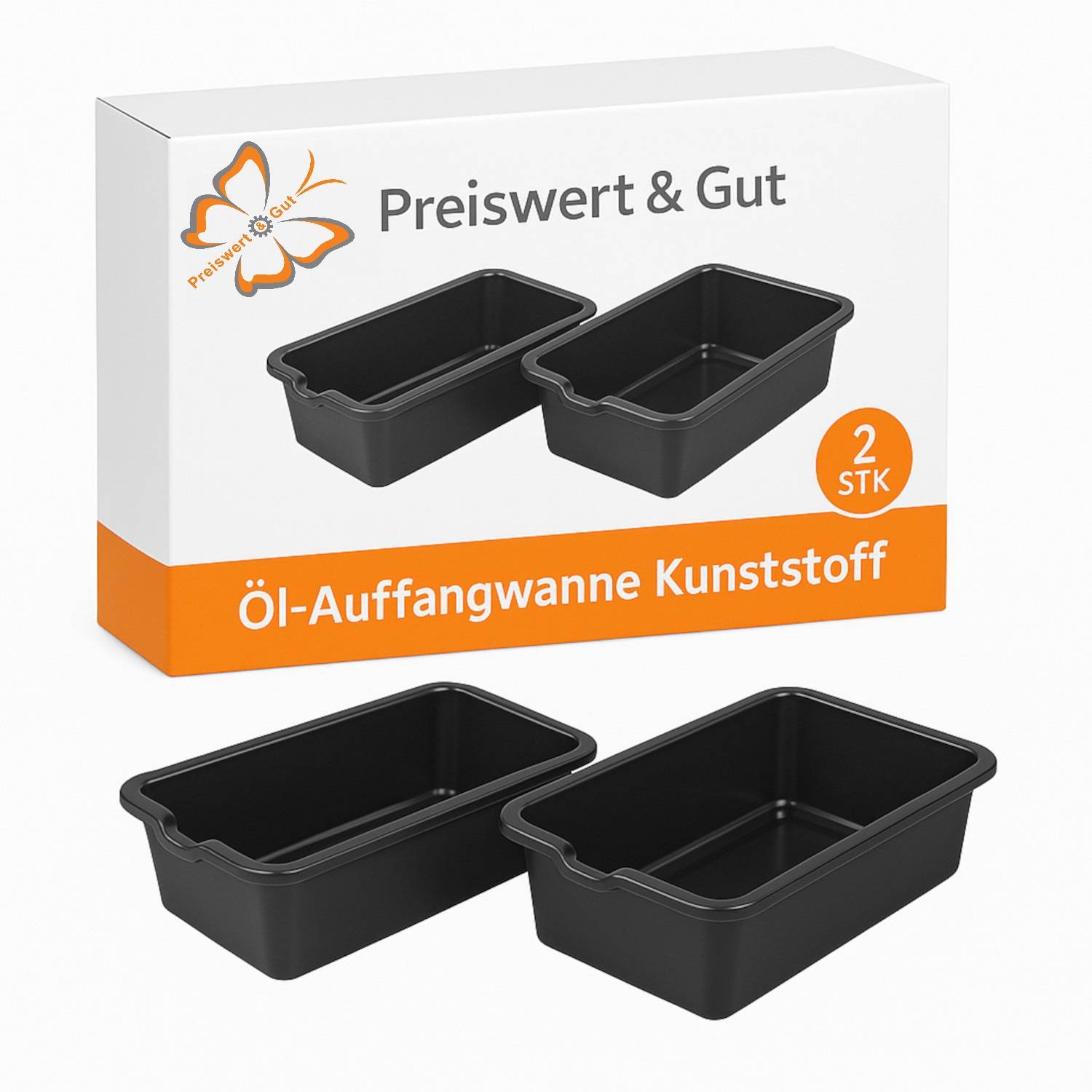 Zwei schwarze Plastik-Ölablaufwannen neben Verpackungen mit dem Text 'Preiswert & Gut' und 'Ölwanne Kunststoff 2 STK'.