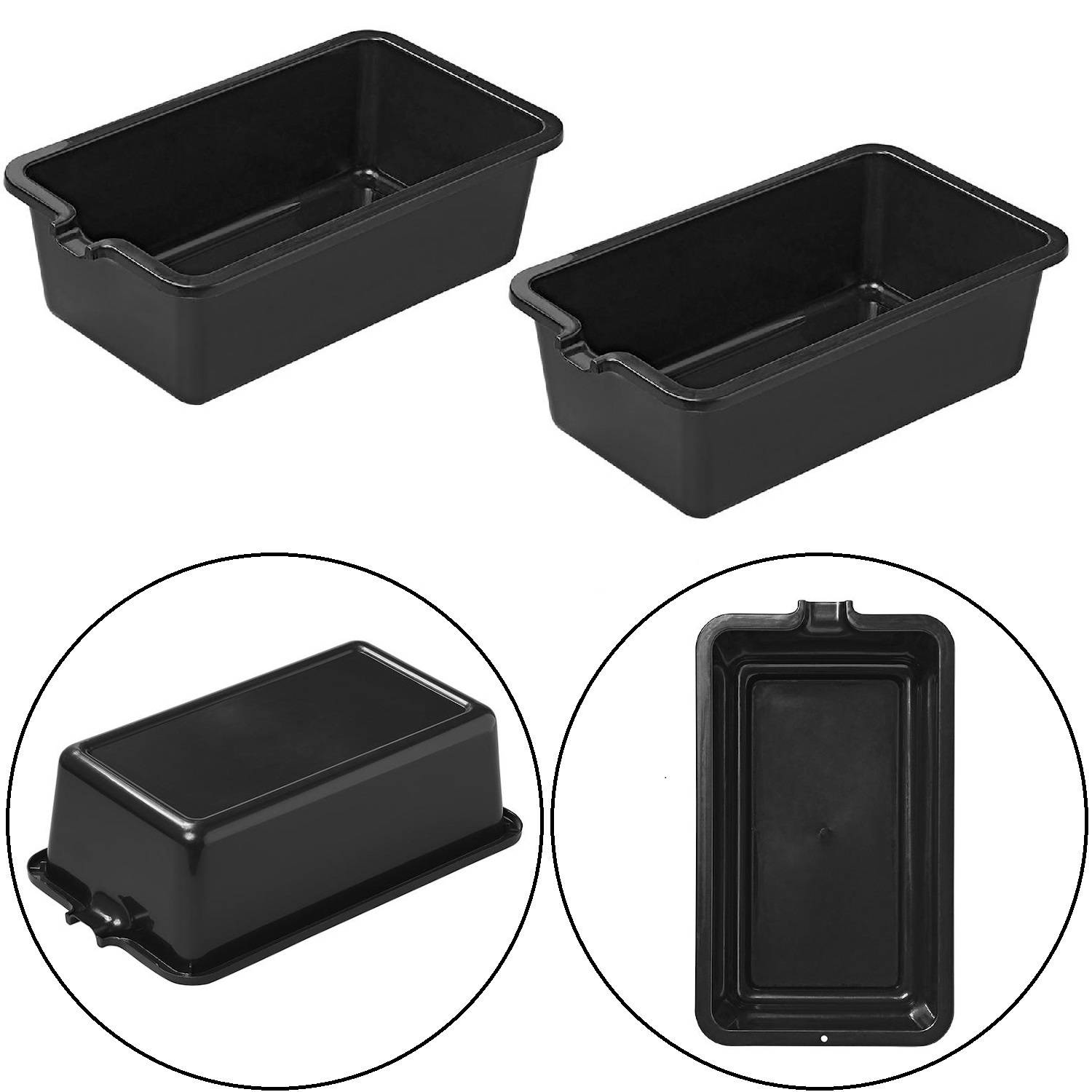 Vier Bilder zeigen schwarze rechteckige Plastikbehälter: zwei Behälter nebeneinander, einer umgedreht zur Darstellung der Basis und einer, der einen Innenansicht zeigt.