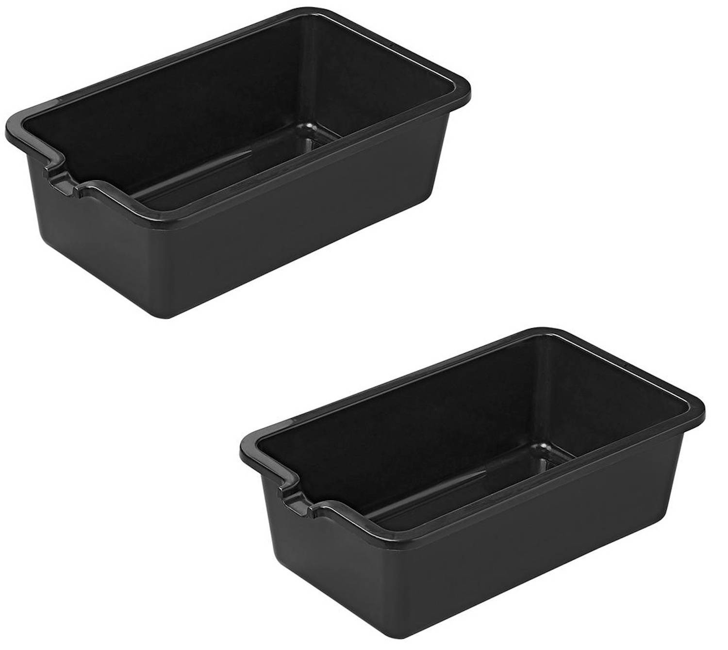 Zwei schwarze rechteckige Plastikbehälter, einer über dem anderen, beide an der Oberseite offen.