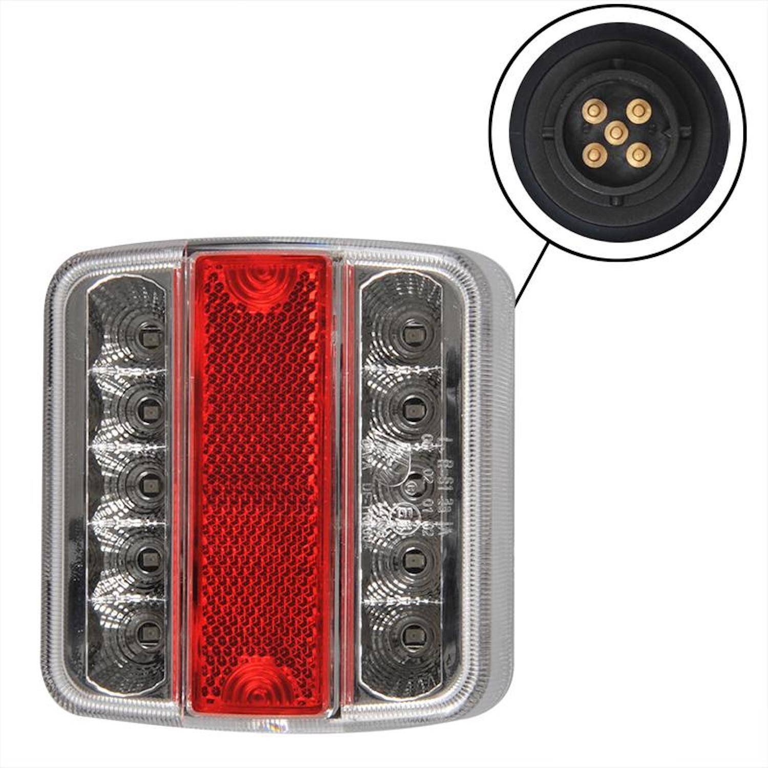 Ein rechteckiges Fahrzeug-Rücklicht mit LED-Lampen und einem roten Zentrum für die Bremsfunktion. Eingesetztes Bild zeigt einen Anschluss mit vier goldenen Pins.