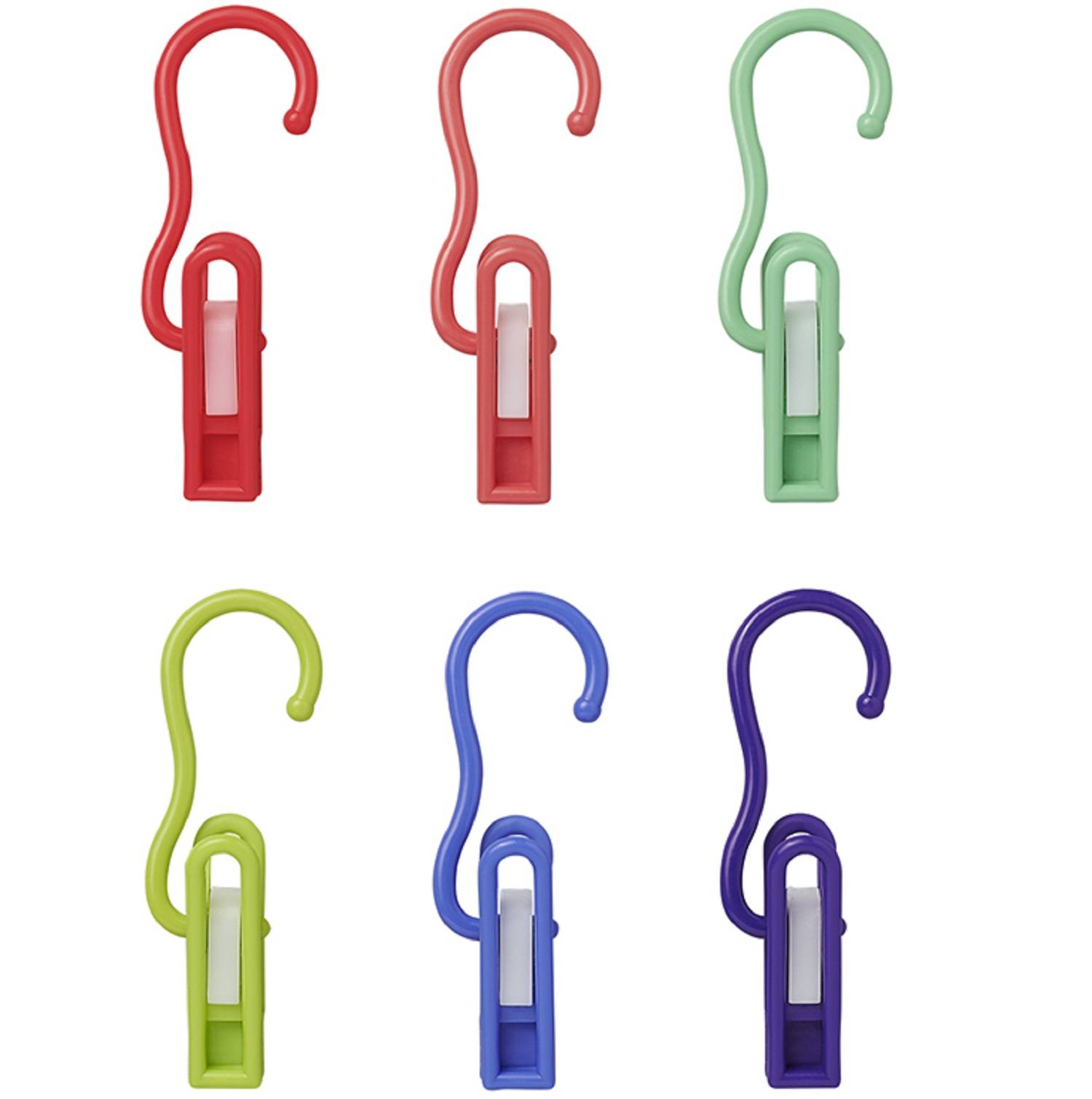 Sechs bunte Plastik-Haken mit Klammern in den Farben Rot, Grün, Gelb, Blau und Lila, in zwei Reihen auf einem weißen Hintergrund angeordnet.