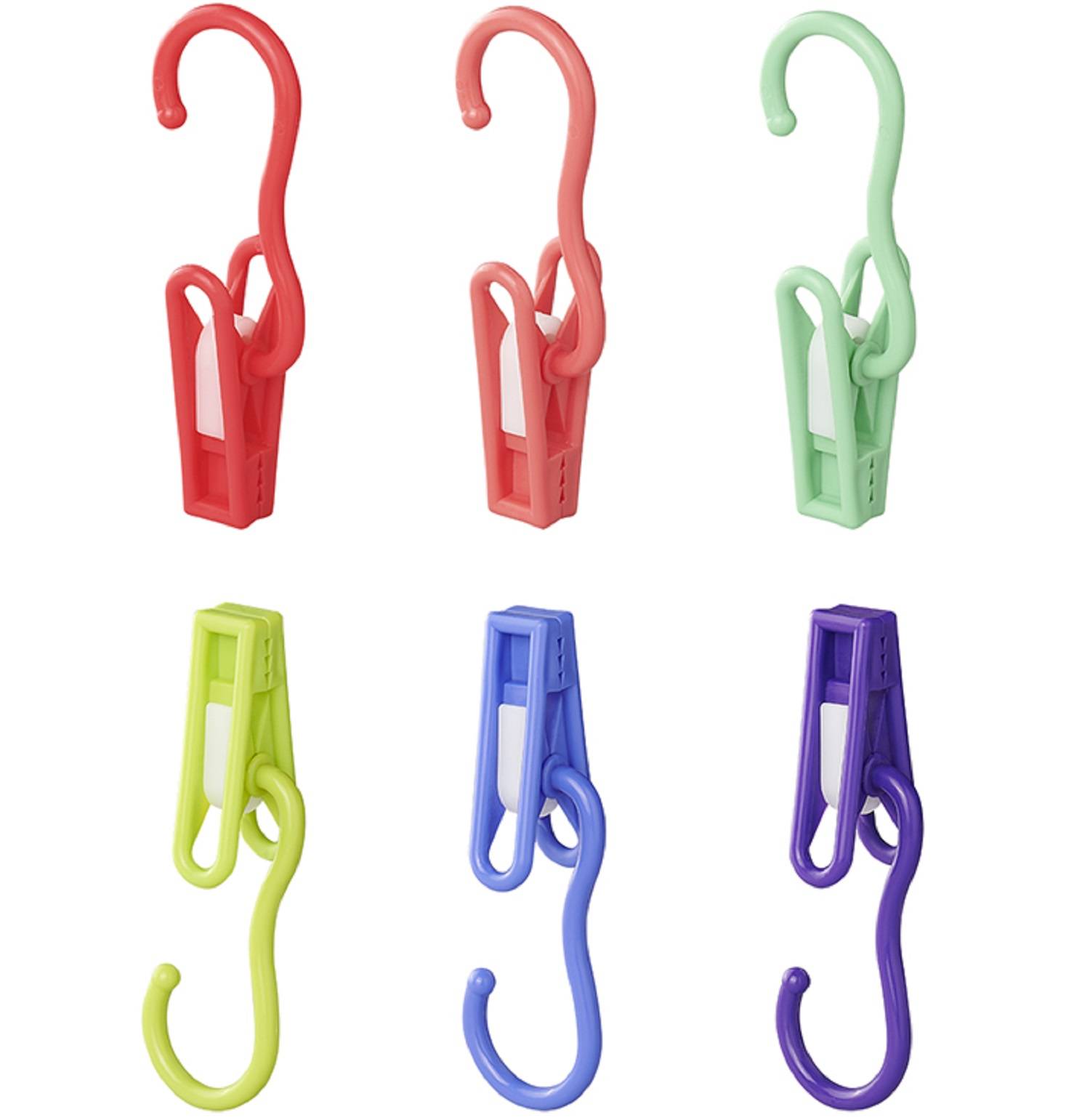Bunte Plastik-Hängeclips in Rot, Rosa, Grün, Gelb, Blau und Lila, die in zwei Reihen angeordnet sind. Jeder Clip verfügt über einen Haken und eine Klammer.