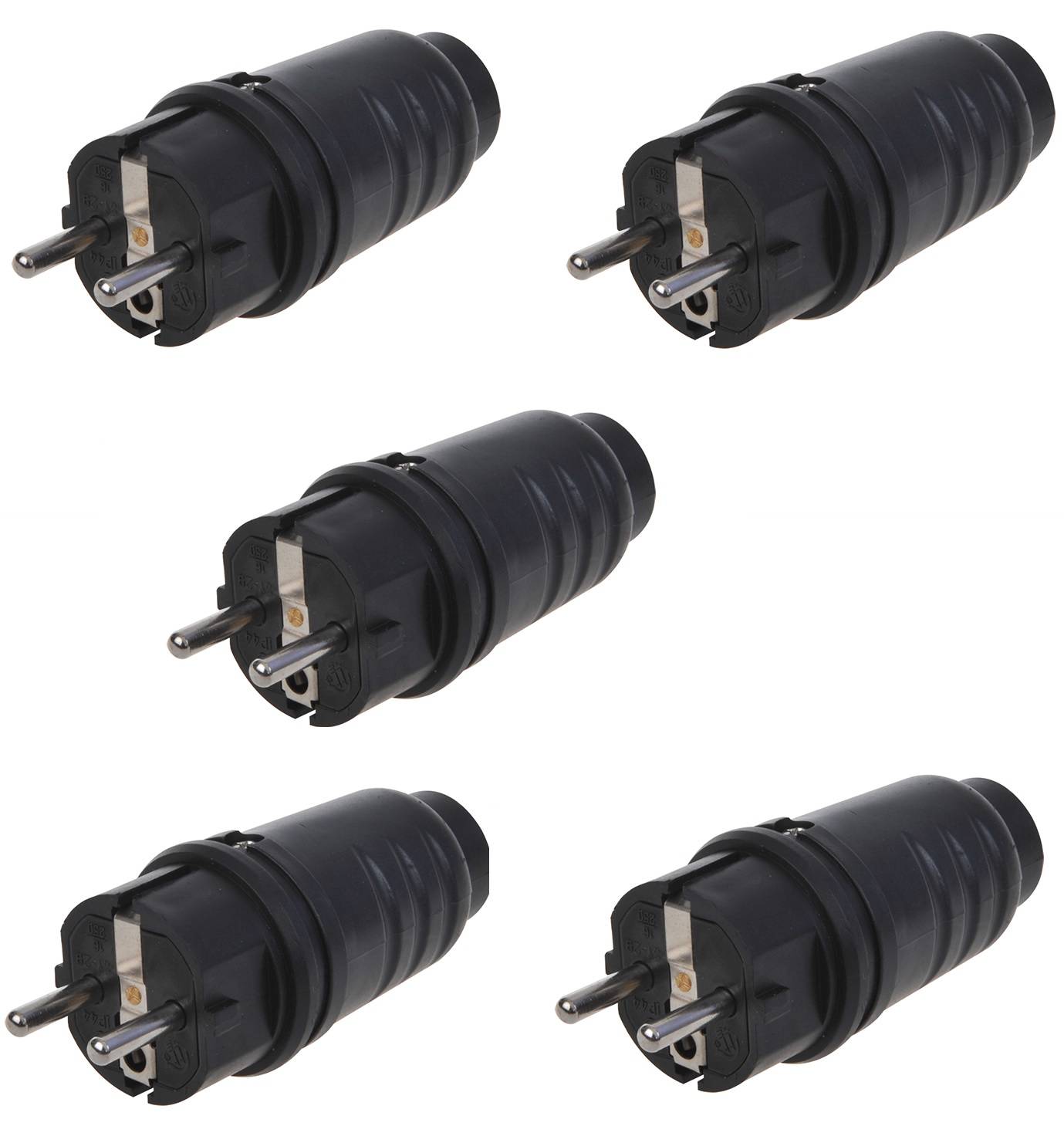 Fünf schwarze elektrische Steckverbinder sind in einem Muster auf weißem Hintergrund angeordnet, wobei jeder zwei Metallstifte und einen Erdungsstift zeigt.