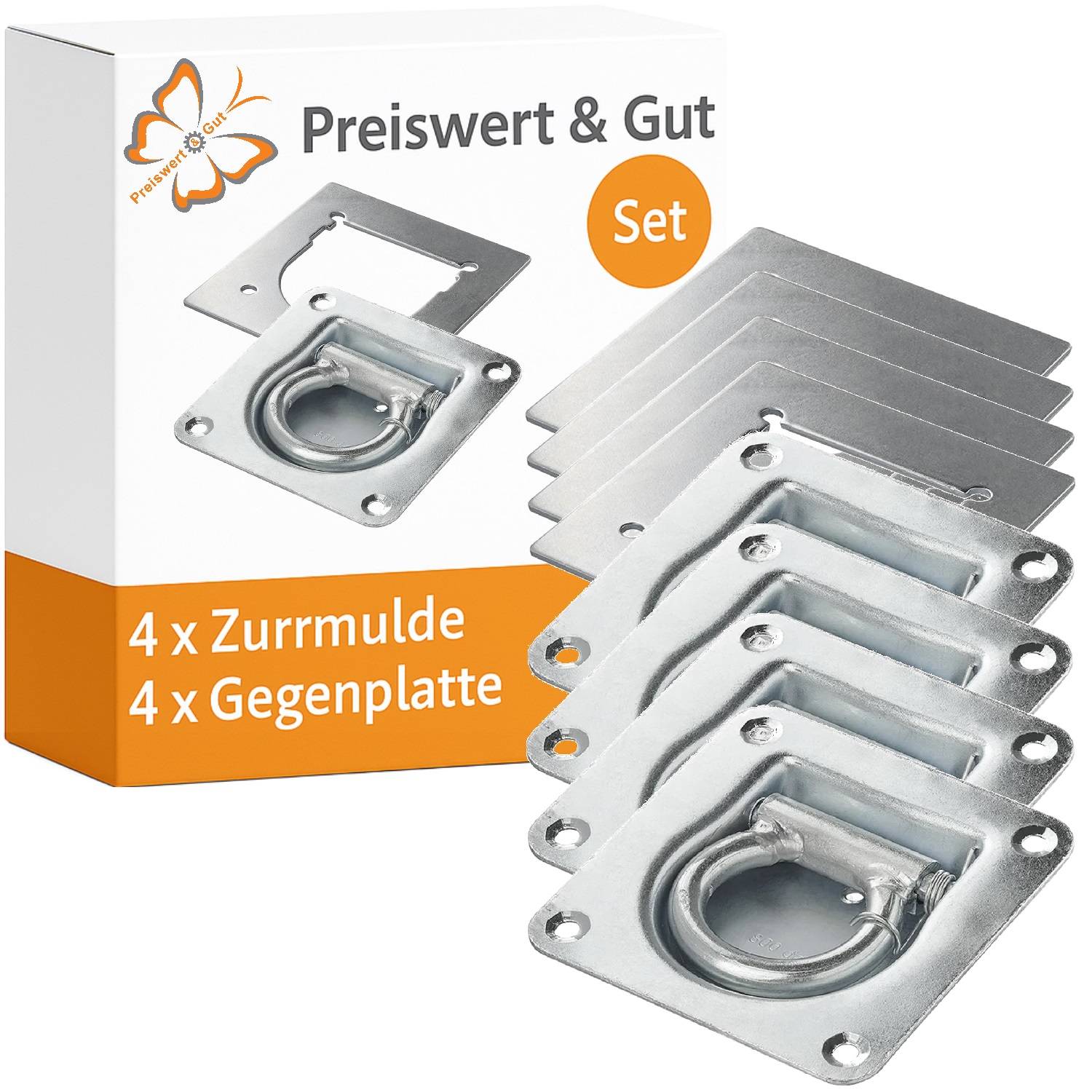 Set von 4 Verzurrringen und Rückplatten mit Befestigungsmaterial, verpackt als 'Preiswert & Gut Set' mit Metallkomponenten.