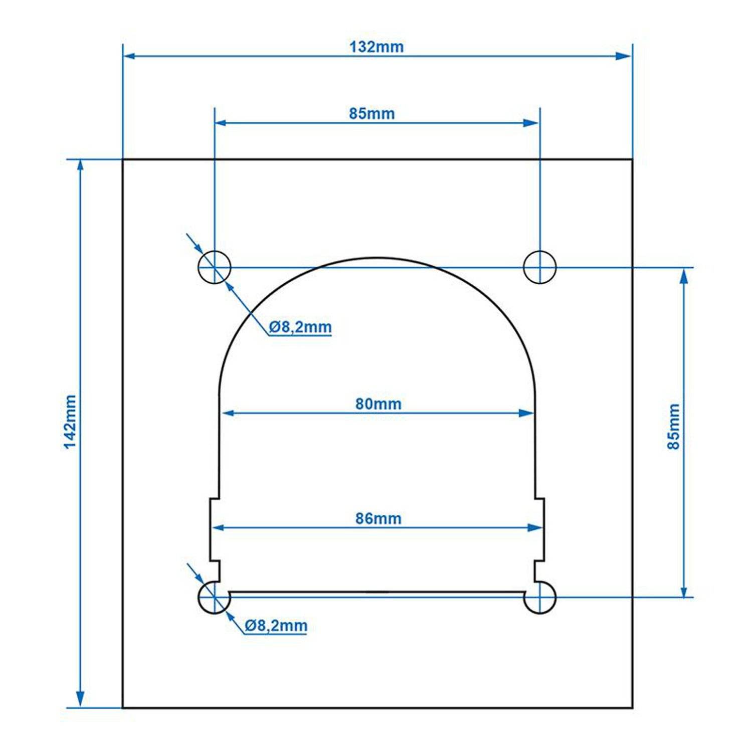 Technische Zeichnung mit Maßangaben eines quadratischen Panels mit abgerundeter Aussparung: 132 mm x 142 mm Panel, 85 mm Aussparungsbreite, 86 mm Aussparungshöhe.