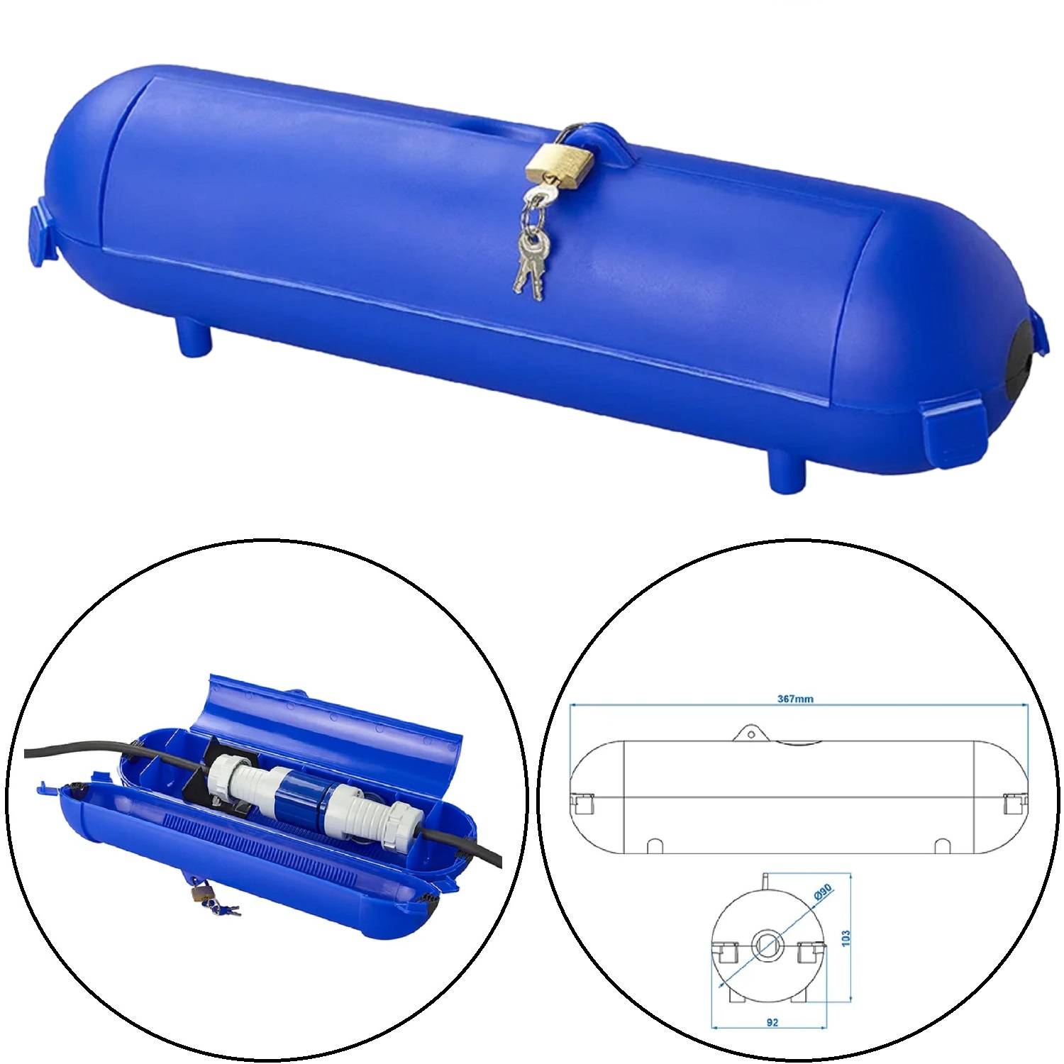 Blauer zylindrischer Luftpumpen-Aufbewahrungskoffer, mit einem Schlüssel verschlossen, dargestellt in geschlossenem und geöffnetem Zustand mit sichtbaren Innenkomponenten. Enthält technische Zeichnung mit Maßangaben.