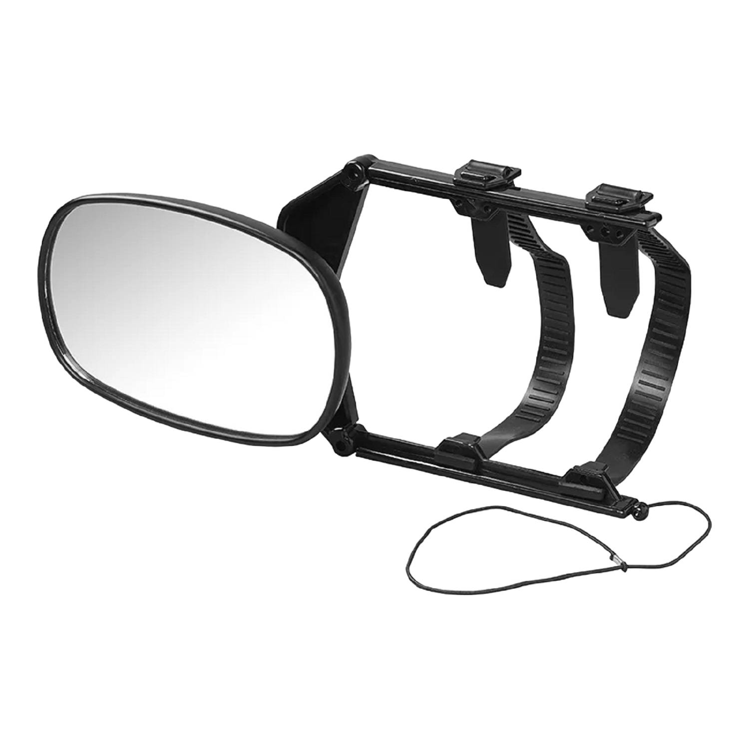 Ein schwarzer Rückspiegel mit verstellbarem Riemen, der zum Anbringen am Seitenspiegel eines Fahrzeugs entwickelt wurde.