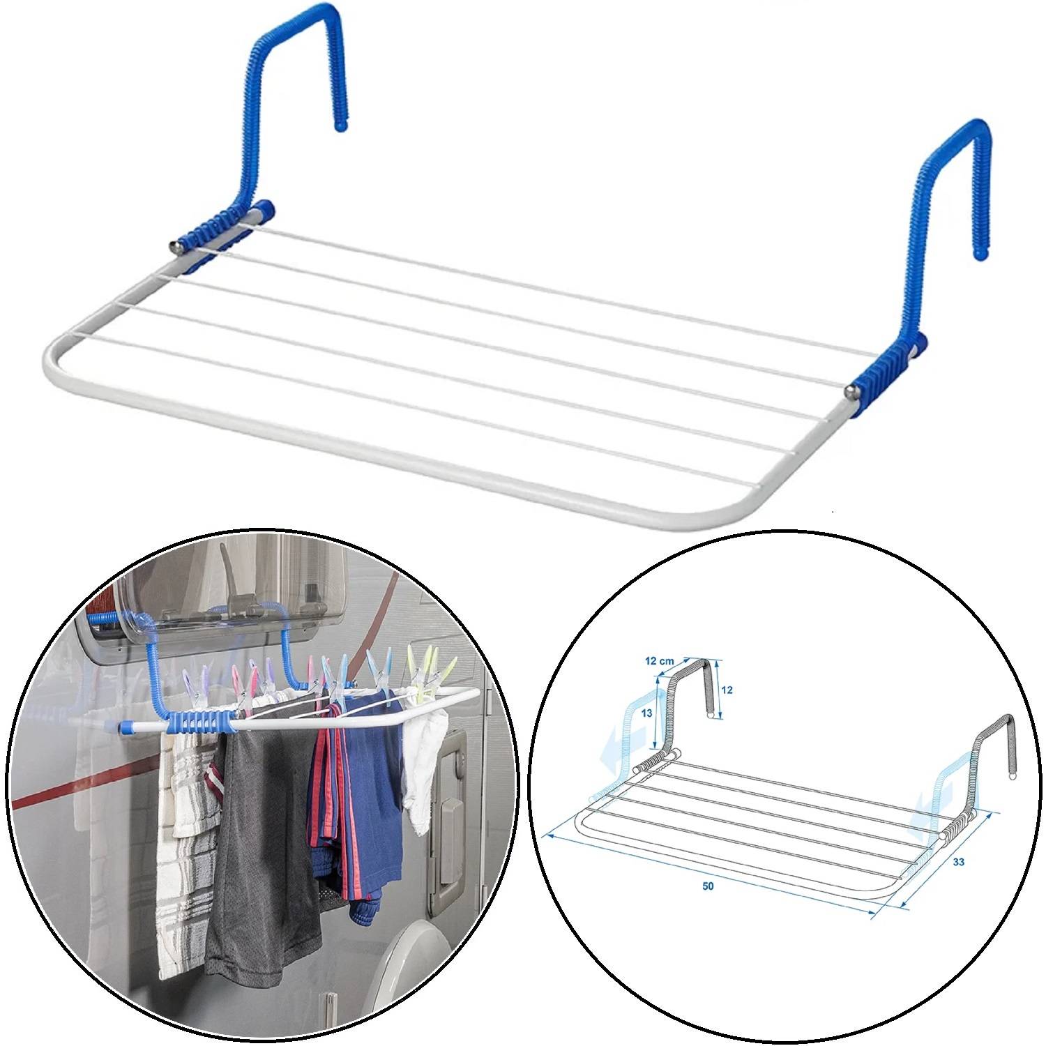 Zusammenklappbarer blauer und weißer Wäscheständer mit Haken zum Aufhängen an einem Geländer oder Balkon. Abbildung zeigt Verwendung mit Wäsche und ein Dimensionsdiagramm.