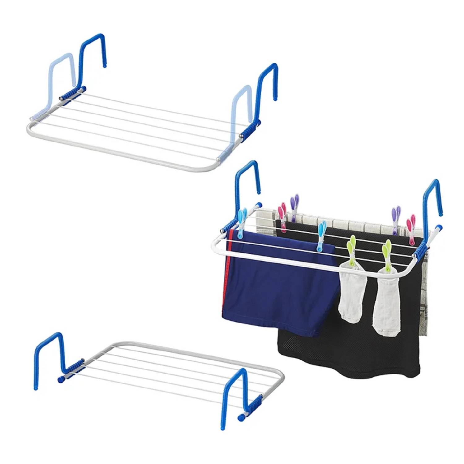 Zusammenklappbarer Wäscheständer in drei Positionen: zusammengeklappt, flach zum Trocknen mit angehängten Wäscheklammern und Kleidungsstücken, und leicht geneigt.