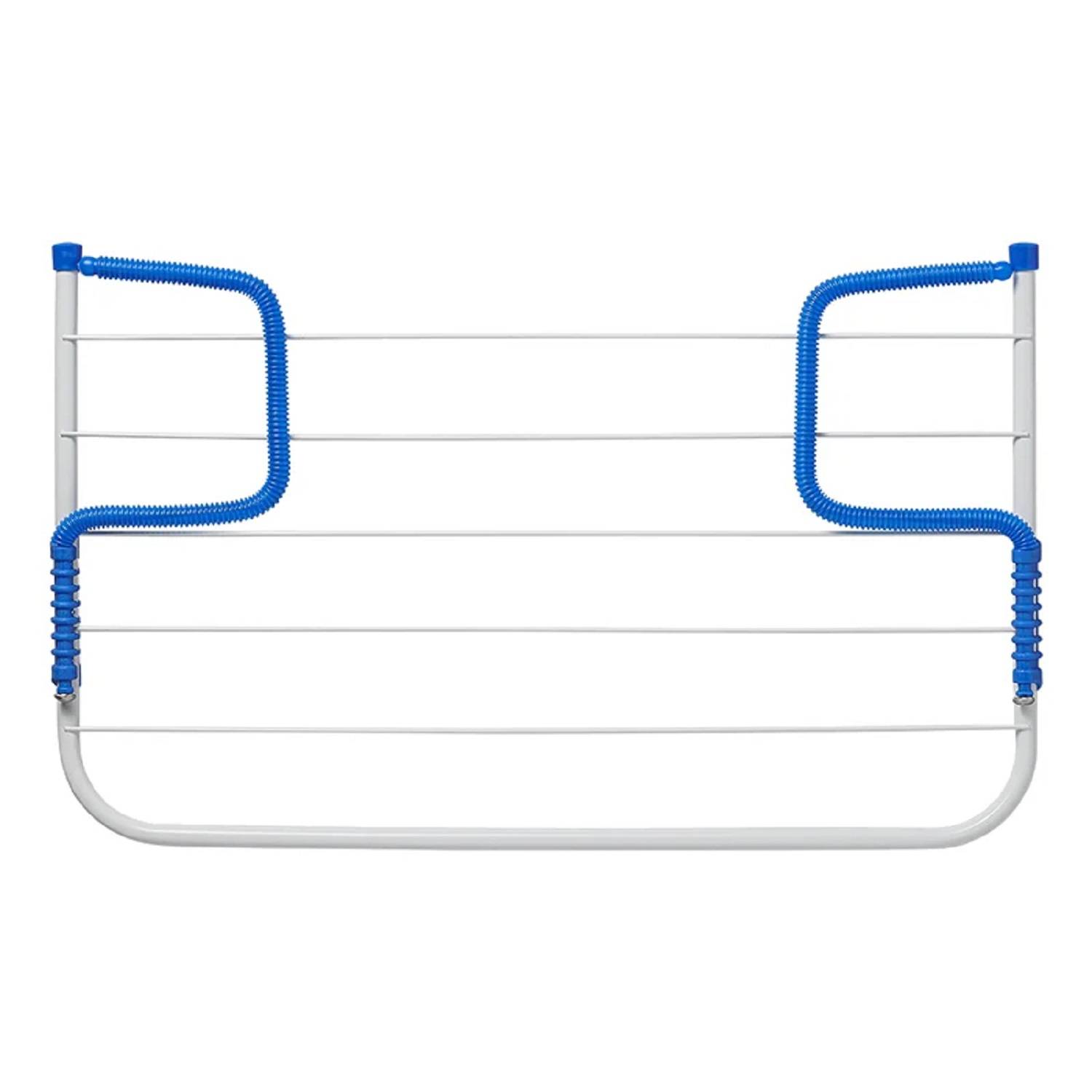 Eine weiße Bettschutzschiene mit blauer Polsterung an den Seiten ist für die Kindersicherheit konzipiert und verfügt über mehrere horizontale Stangen für Halt und Stabilität.