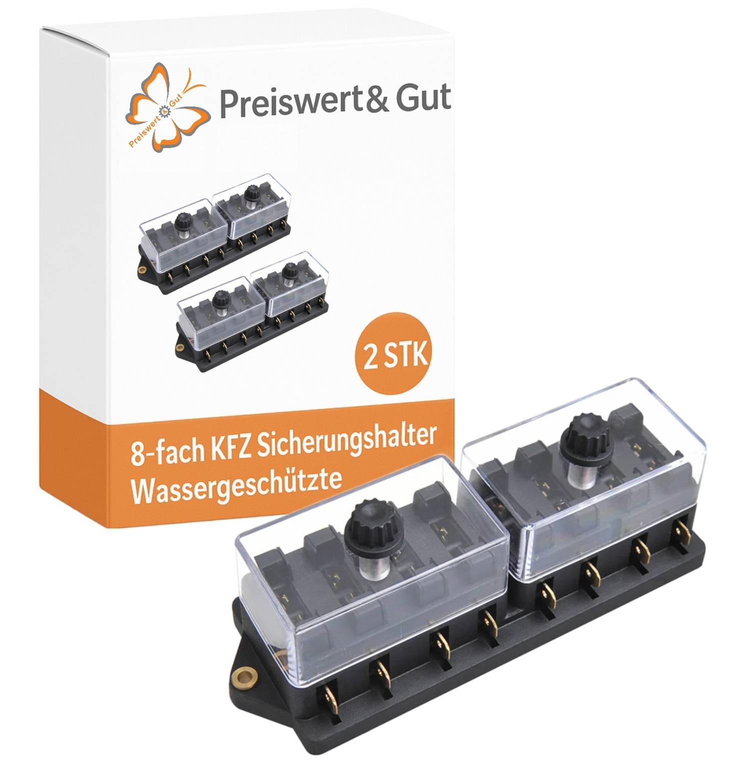 2x Verteilerdose mit Doppeldeckel 8-fach für ATO/ATC Flachsicherungen bis 40A Spritzwassergeschützte Sicherungshalter