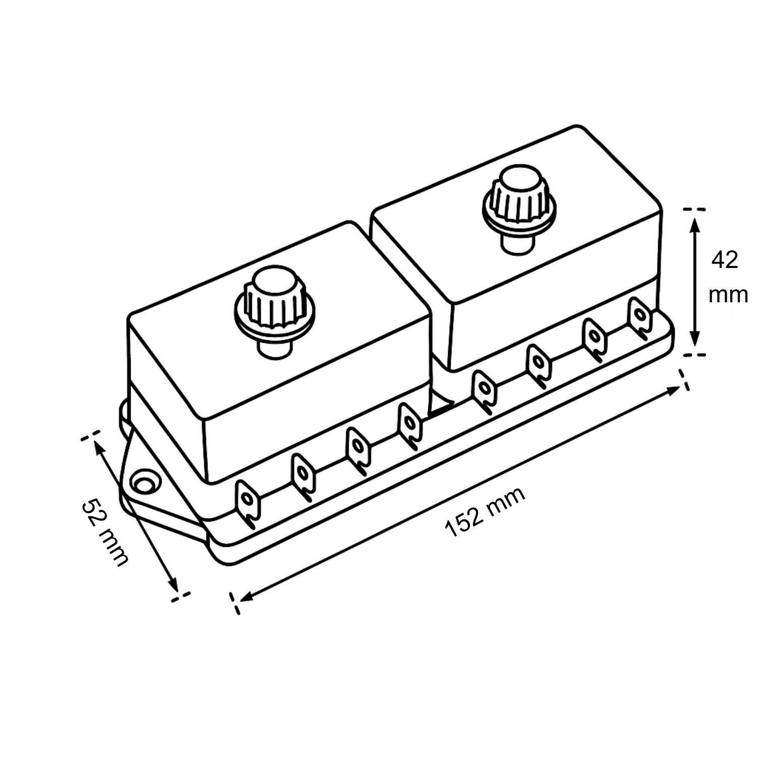 Eine technische Zeichnung einer rechteckigen elektronischen Komponente mit zwei Knöpfen oben. Maße: 152 mm Länge, 52 mm Breite, 42 mm Höhe.