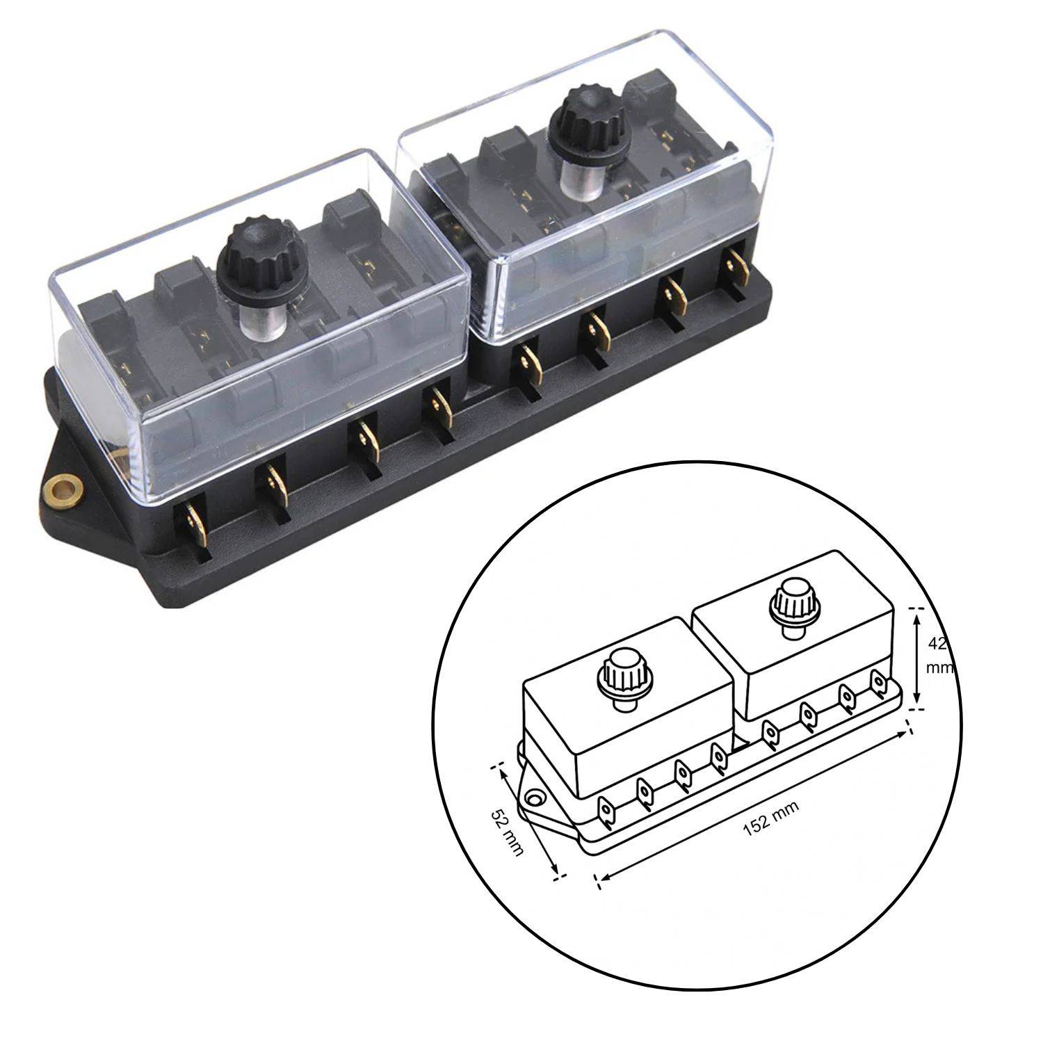 Eine doppelte Sicherungsbox mit transparenten Abdeckungen, jeweils mit Knöpfen ausgestattet. Eine Skizze zeigt die Abmessungen: 152 mm x 84 mm x 42 mm.