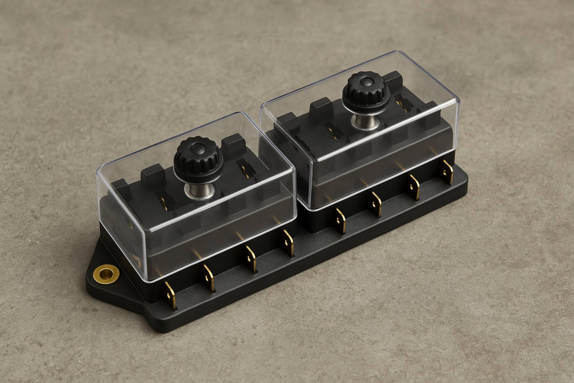 Ein schwarzer Sicherungsblock mit zwei Sicherungen, transparenten Abdeckungen und Knebeltops auf einer grauen Oberfläche.